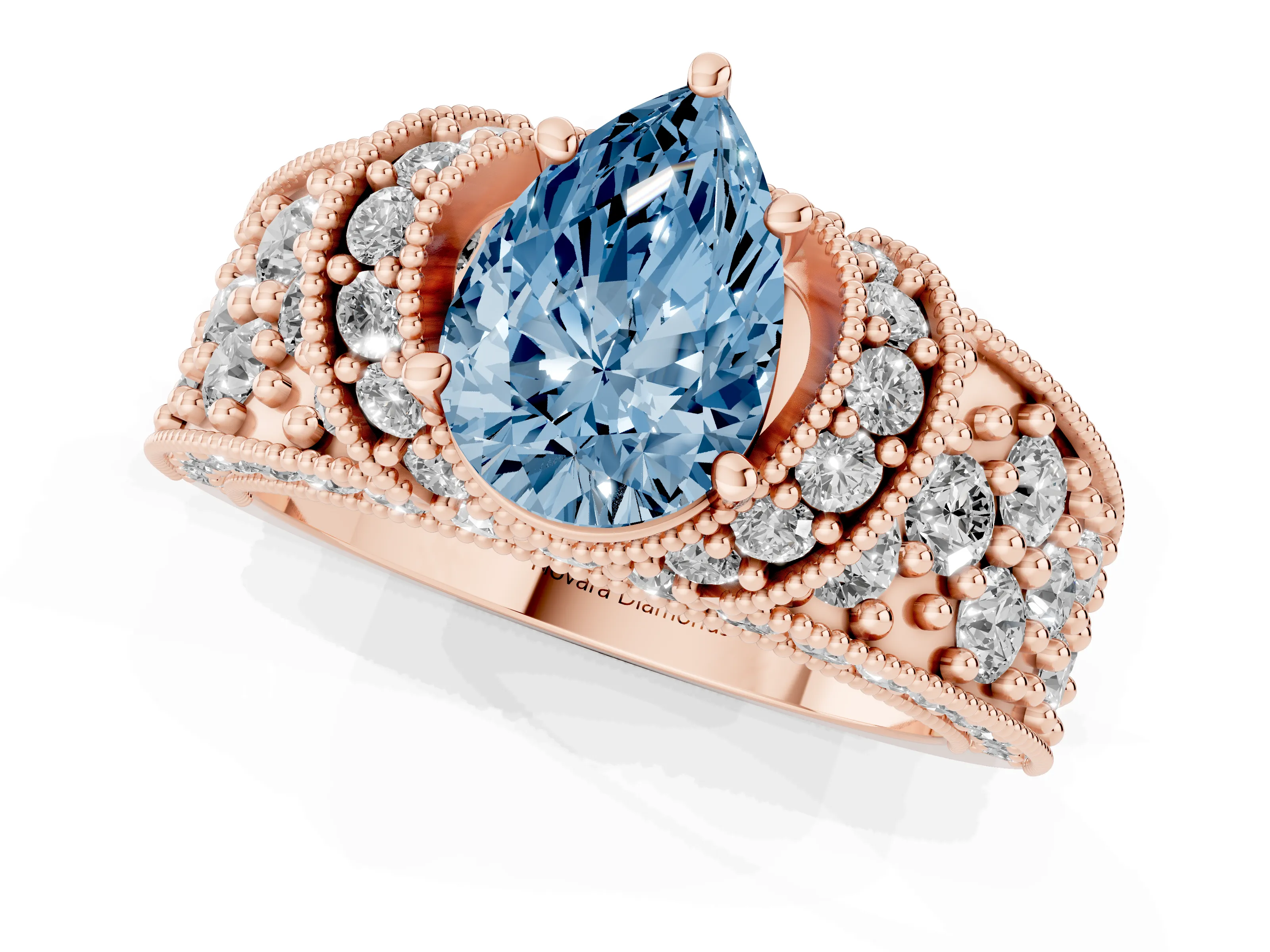 Fancy Blue Pear Cut Diamond Milgrain Halo Pavé Engagement Ring Set in Rose gold with Prong Setting