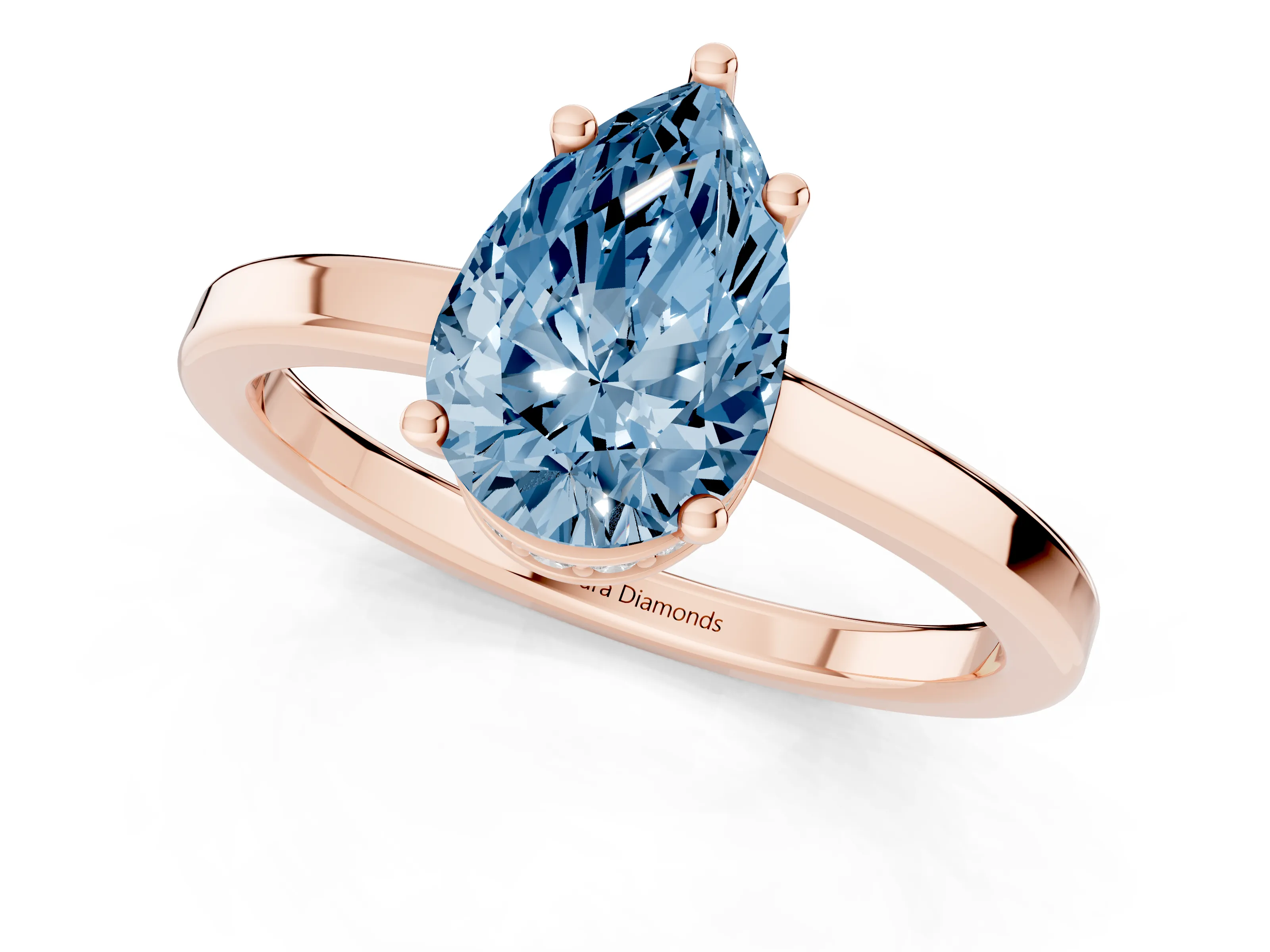 Fancy Blue Pear Cut Diamond Solitaire Engagement Ring Set in Rose gold with Prong Setting on a Plain Band