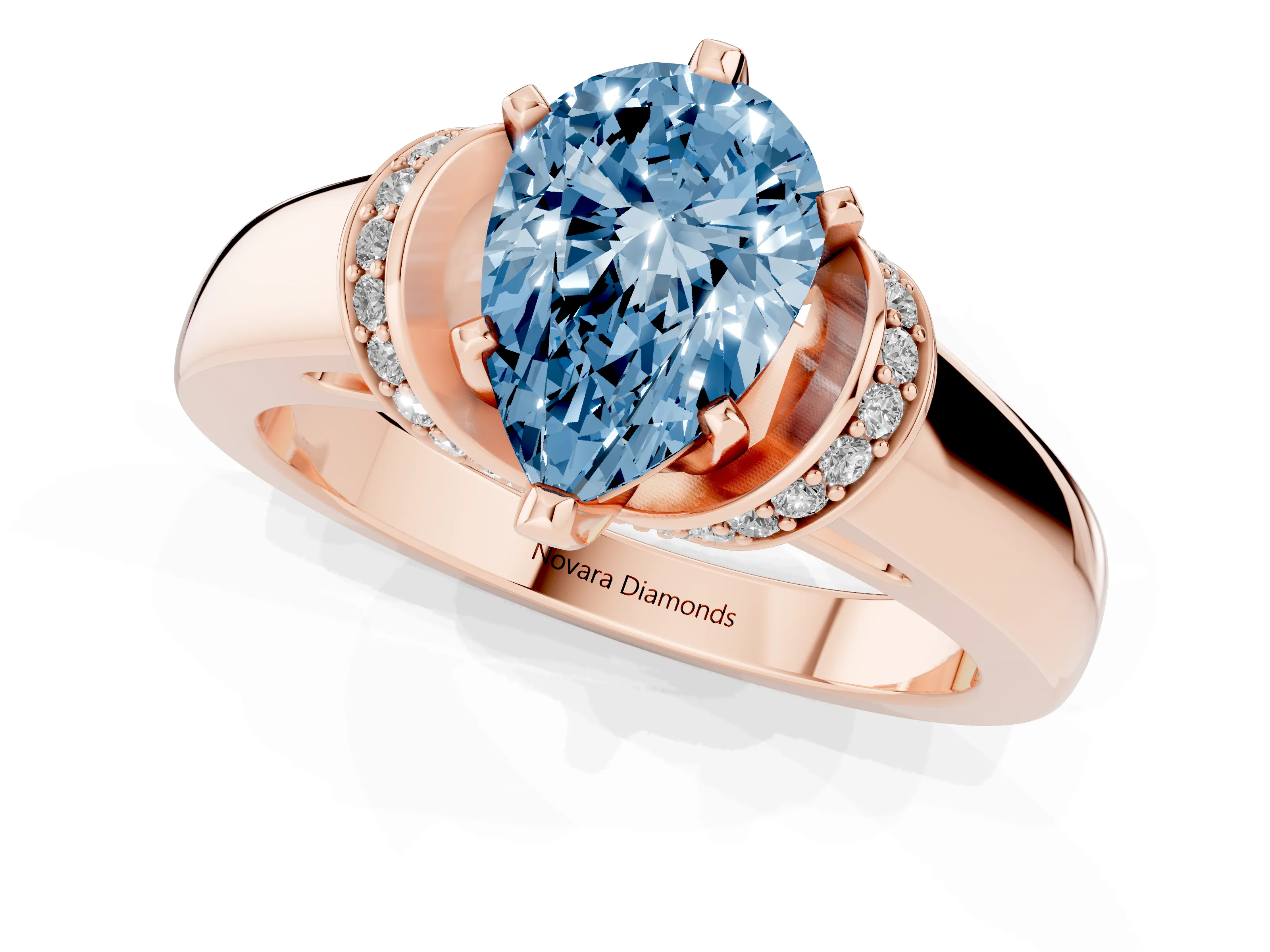 Fancy Blue Pear Cut Diamond Pavé Band Solitaire Ring Set in Rose gold with Prong Setting