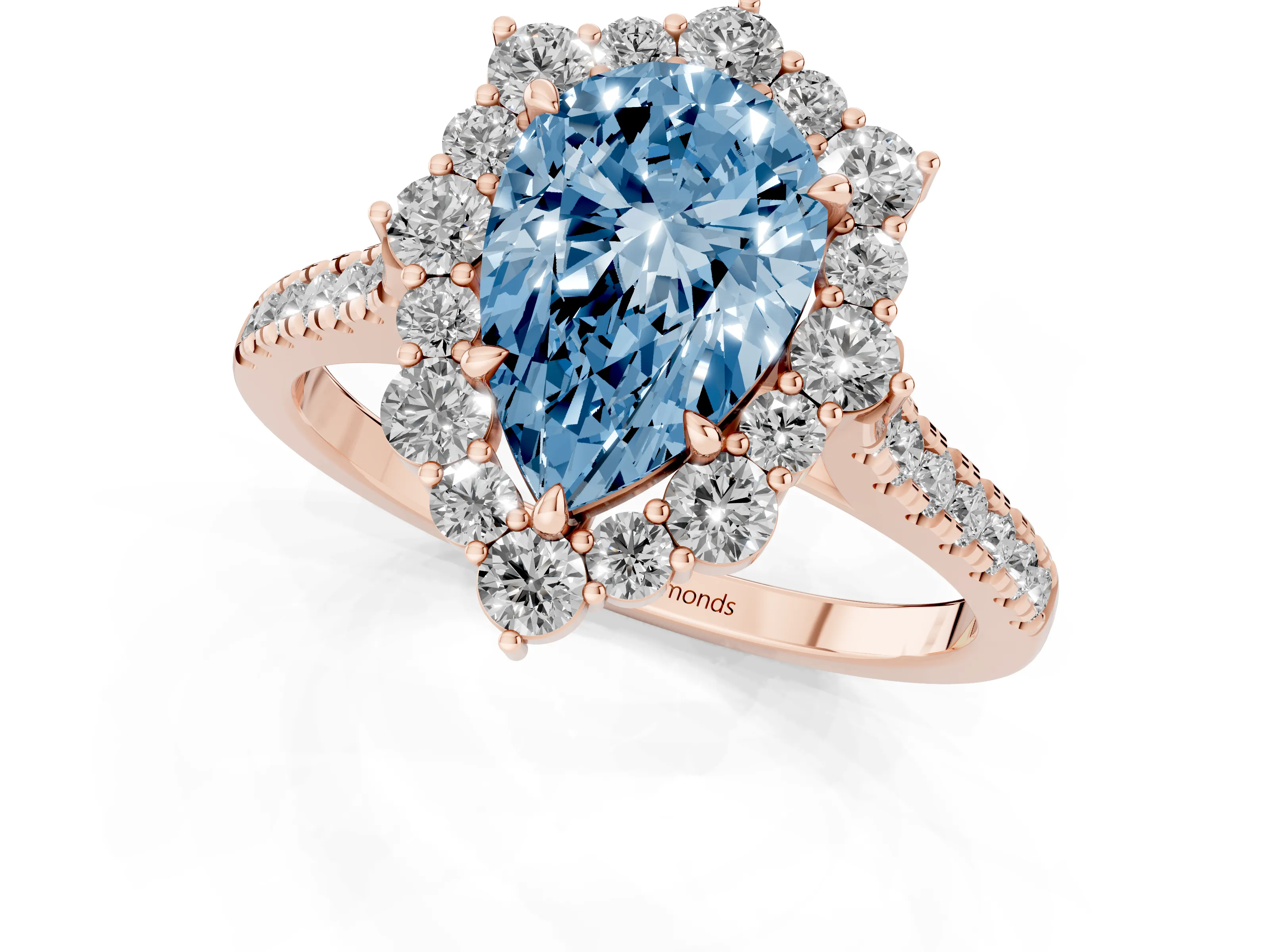 Fancy Blue Pear Cut Diamond Halo Ring Set in Rose gold with Pavé Band and Prong Setting