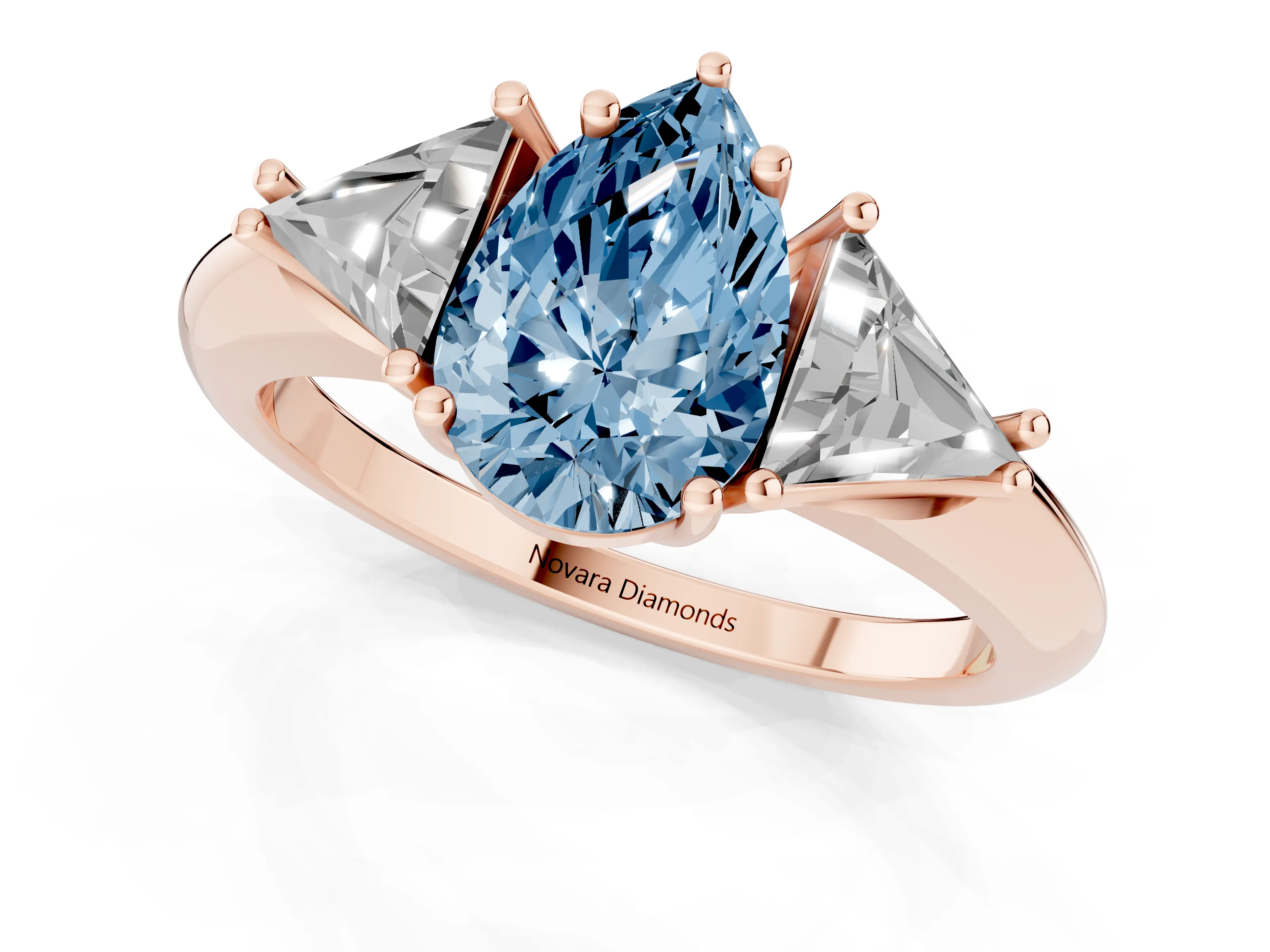 Fancy Blue Pear Cut Diamond Three-Stone Engagement Ring Set in Rose gold with Trillion Side Stones