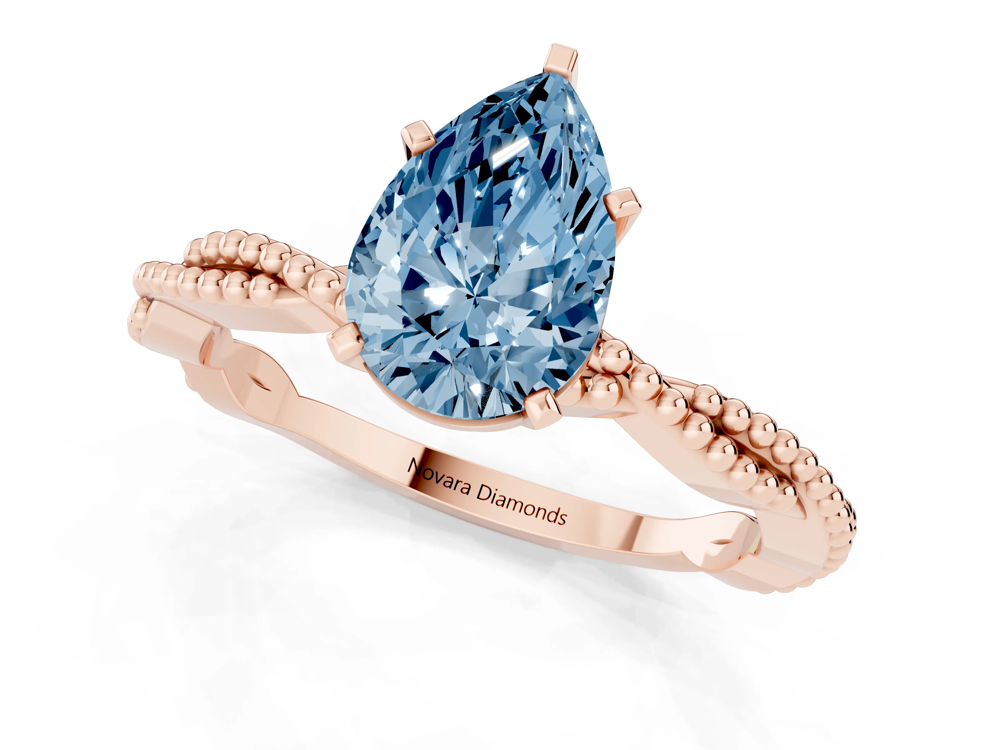 Fancy Blue Pear Cut Diamond Solitaire Ring Set in Rose gold with Twisted Band and Bead Prong Setting