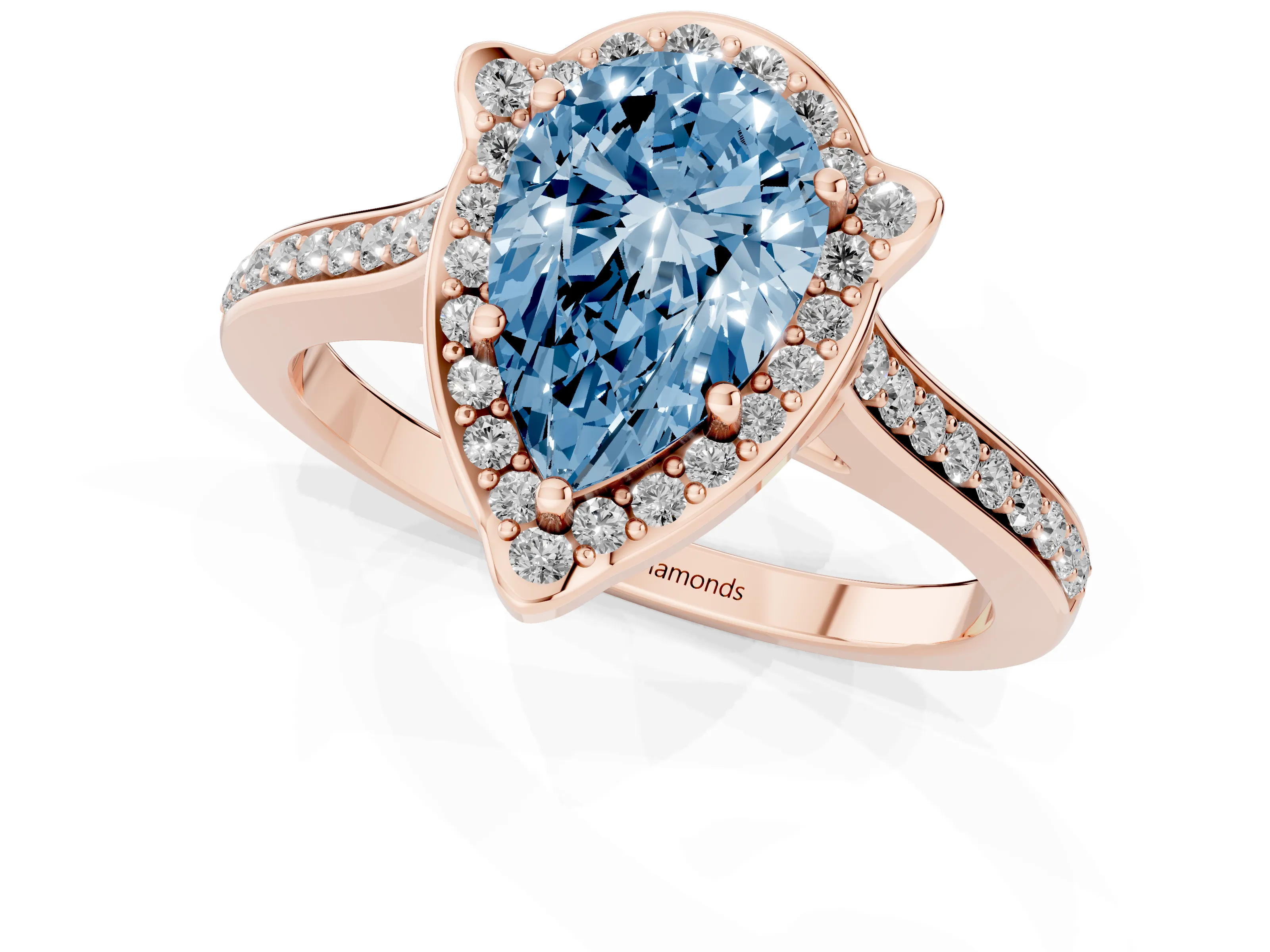 Fancy Blue Pear Cut Diamond Halo Ring Set in Rose gold with Pavé-Lined Shoulders and Prong Setting