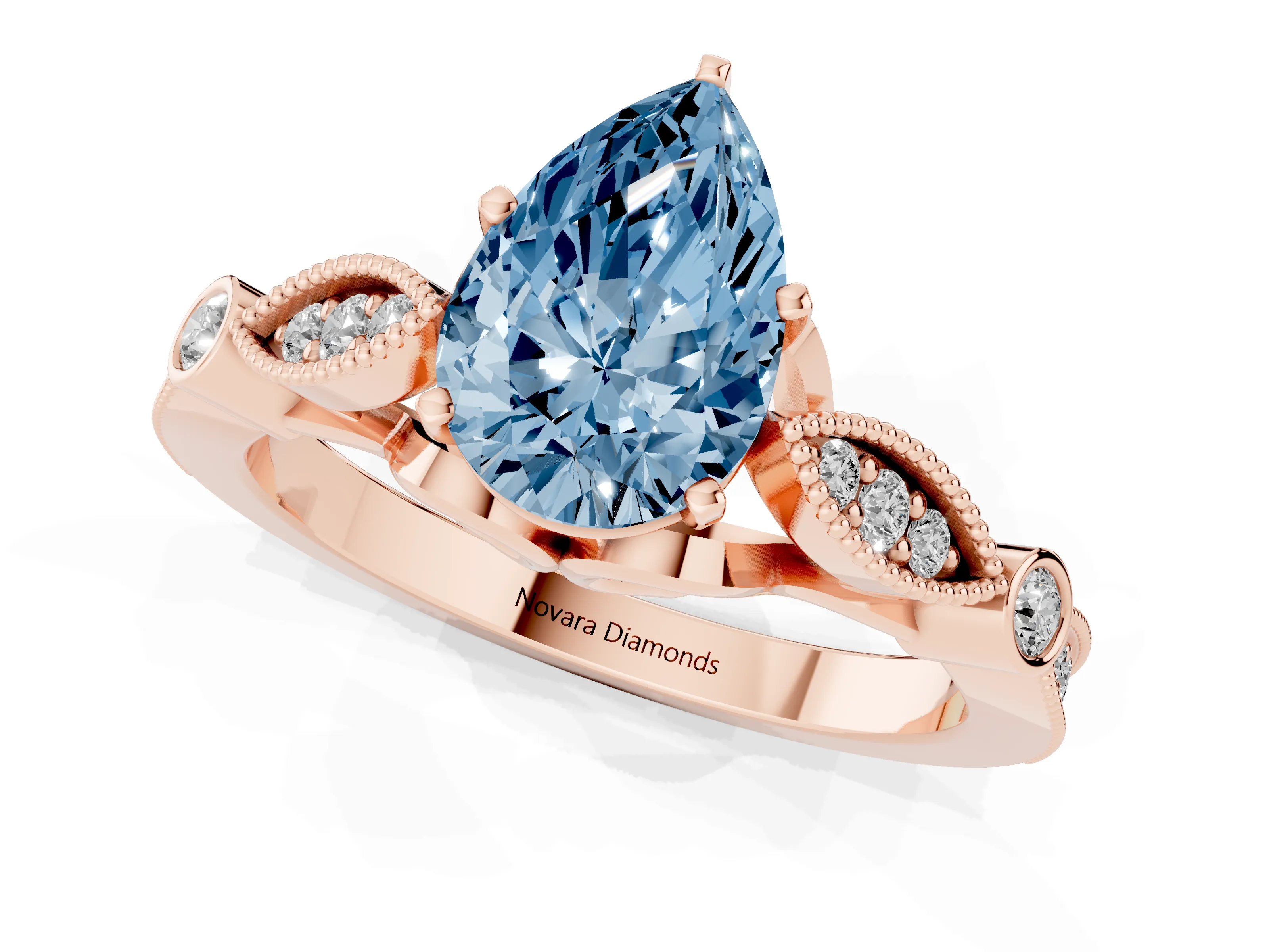 Fancy Blue Pear Cut Diamond Solitaire Ring Set in Rose gold with Milgrain Marquise and Bezel Accents