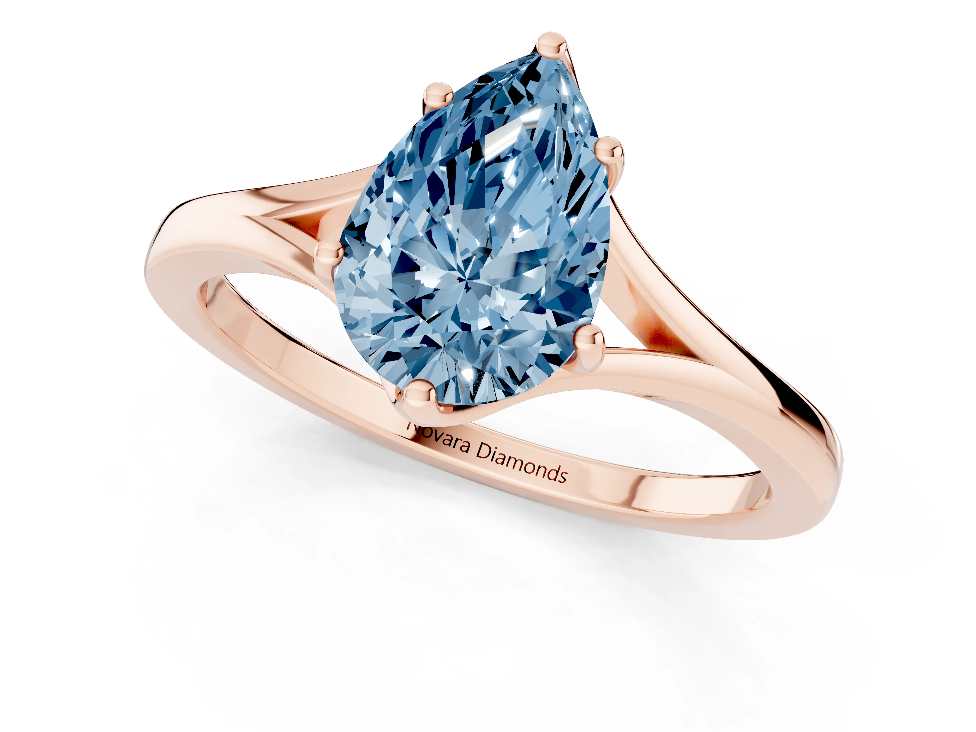 Fancy Blue Pear Cut Diamond Solitaire Ring Set in Rose gold with Polished Tapered Band and Prong Setting