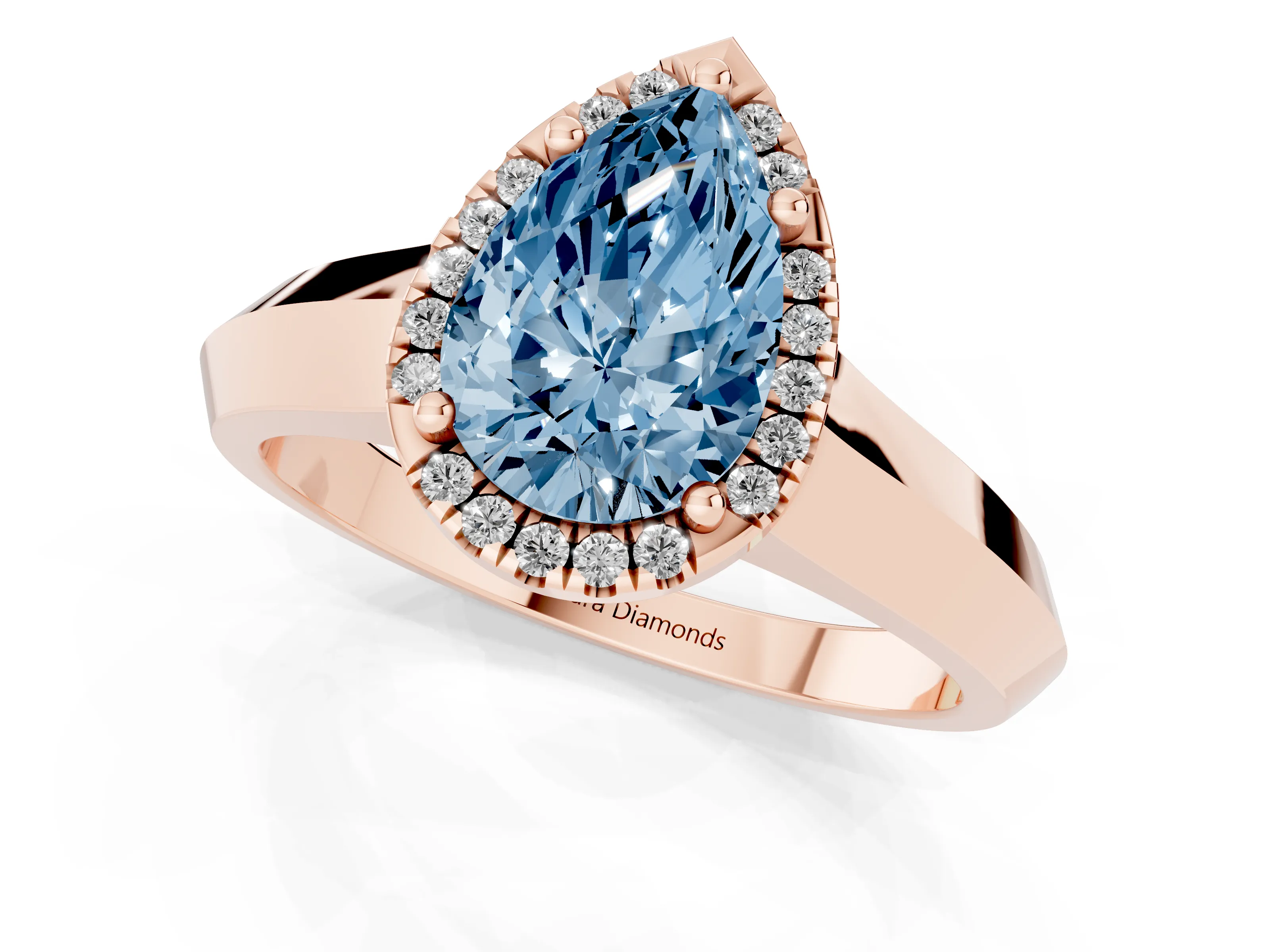 Fancy Blue Pear Cut Diamond Halo Ring Set in Rose gold with Cathedral Band and Prong Setting
