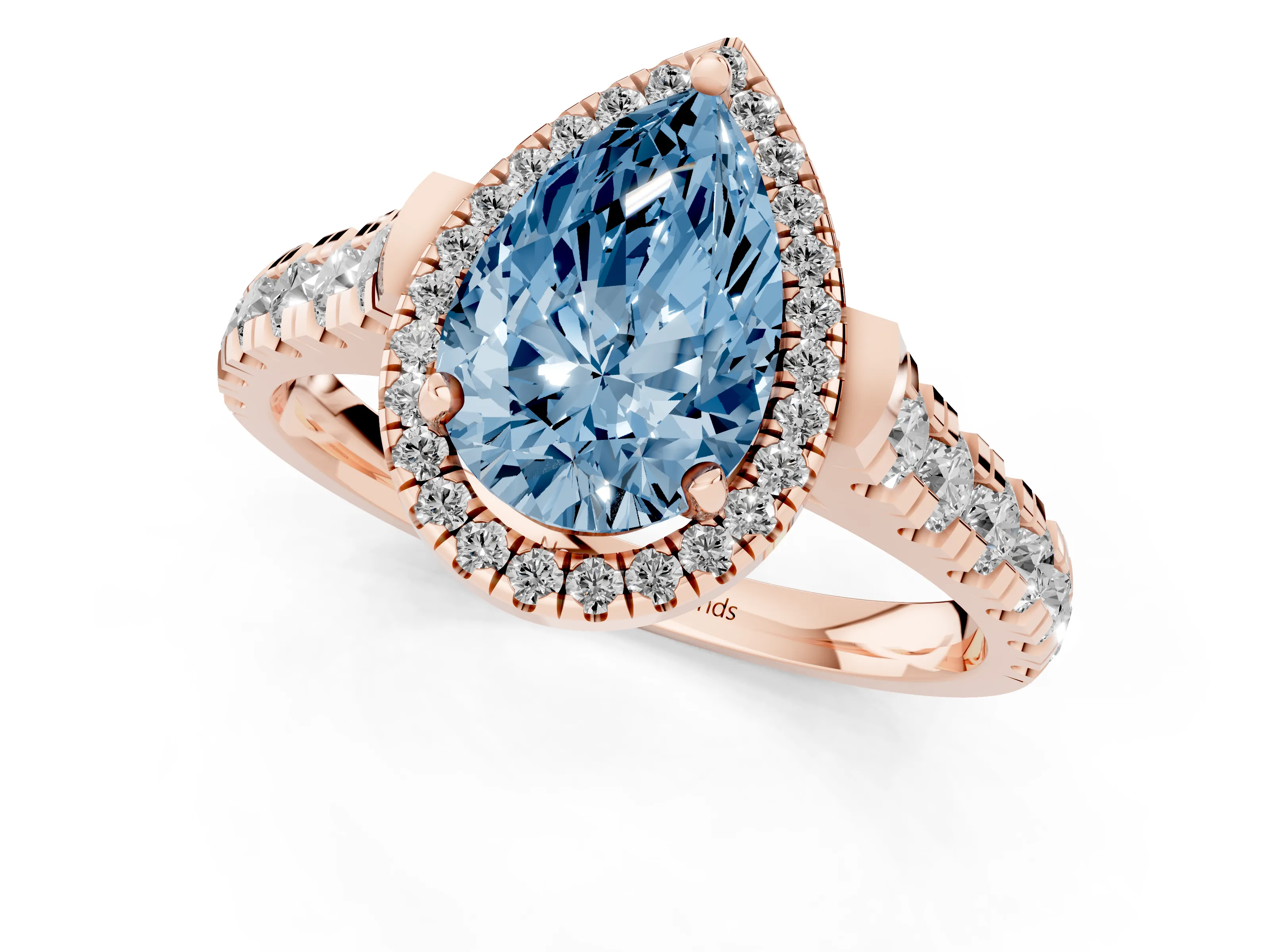 Fancy Blue Pear Cut Diamond Halo Engagement Ring Set in Rose gold with Pavé Band and Prong-Set Center