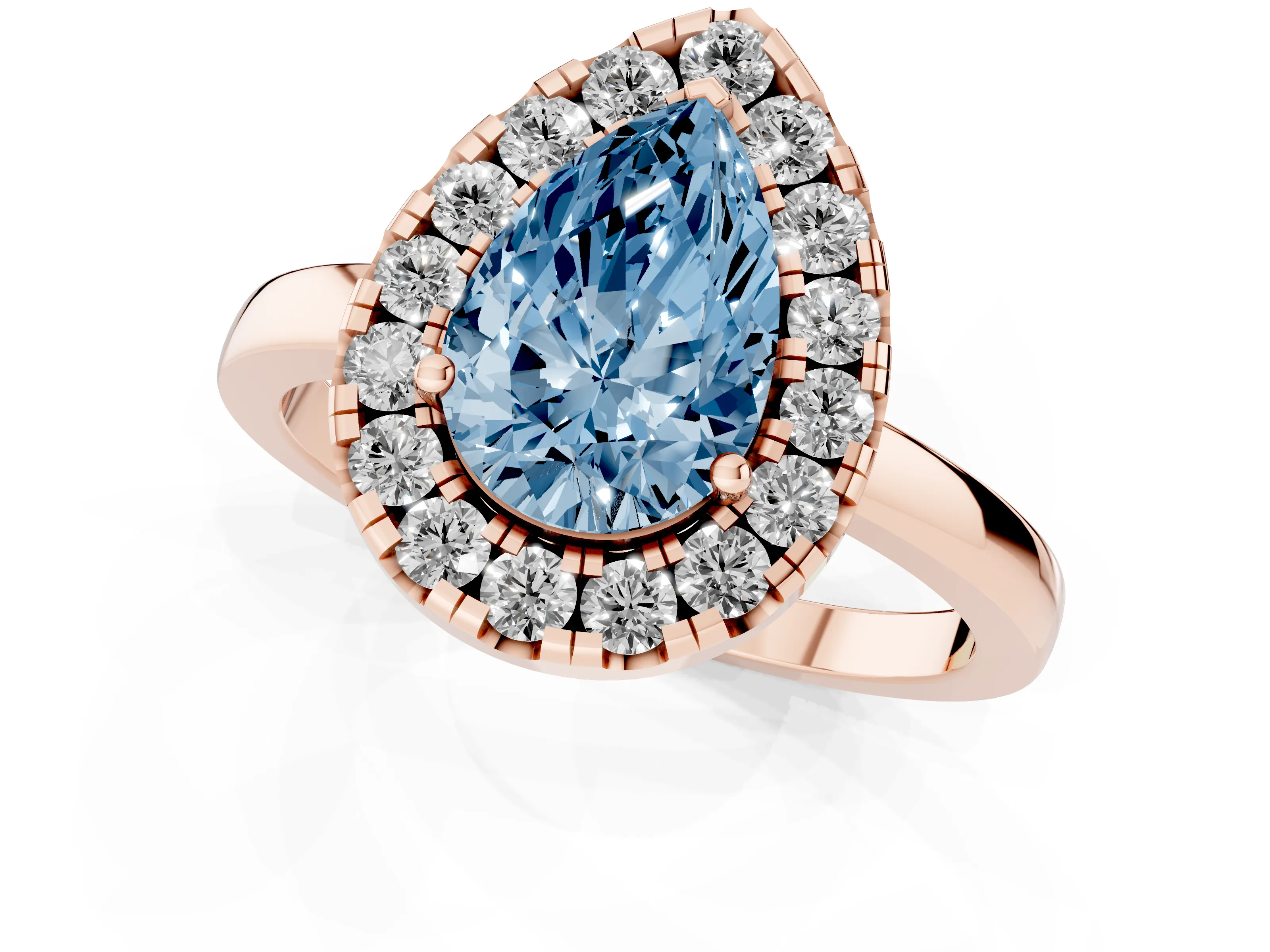 Fancy Blue Pear Cut Diamond Halo Solitaire Ring Set in Rose gold with Pavé Band and Prong Setting