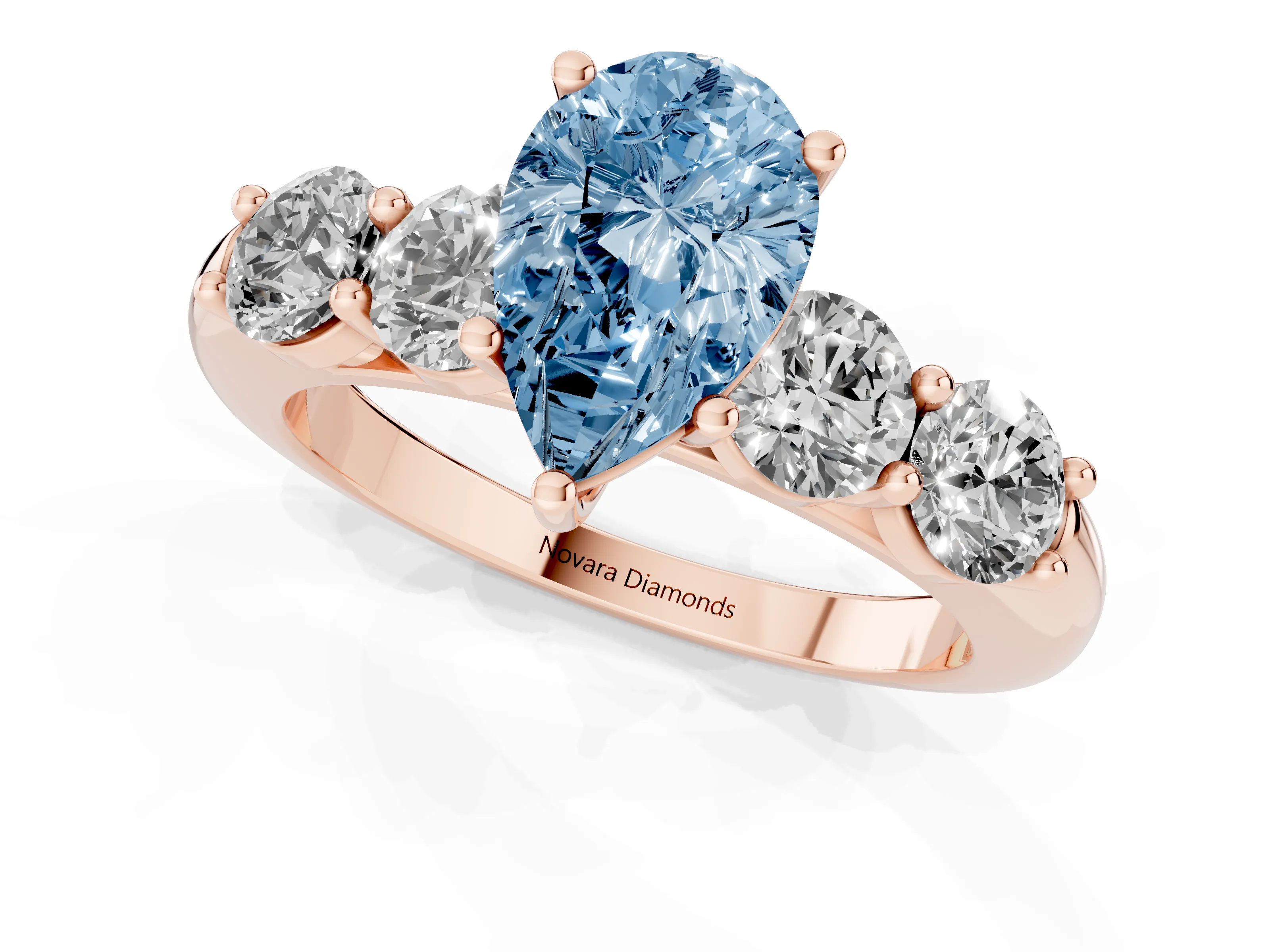 Fancy Blue Pear Cut Diamond Five-Stone Prong Set Ring Set in Rose gold with Classic Band
