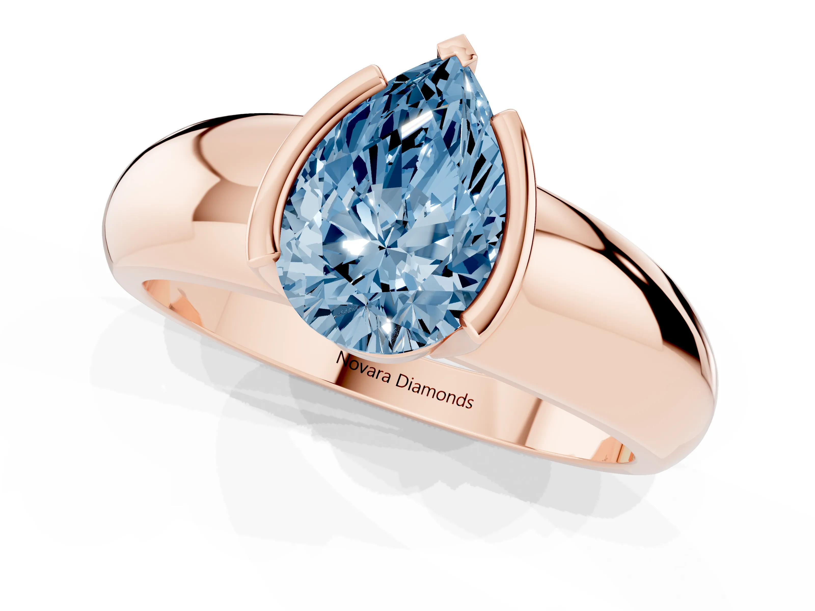Fancy Blue Pear Cut Diamond Solitaire Tension Set Ring Set in Rose gold with Wide Band