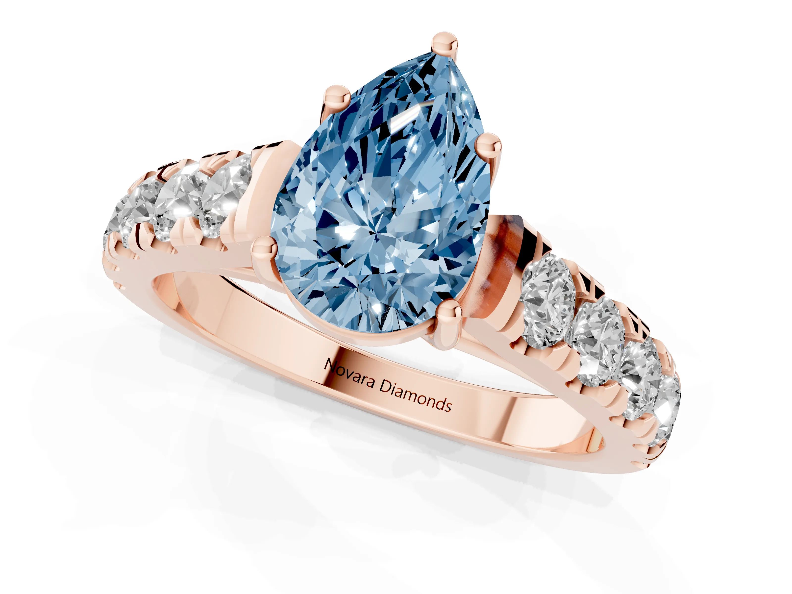 Fancy Blue Pear Cut Diamond Solitaire Ring Set in Rose gold with Cut-Down Micro Pavé Band and Prong Setting