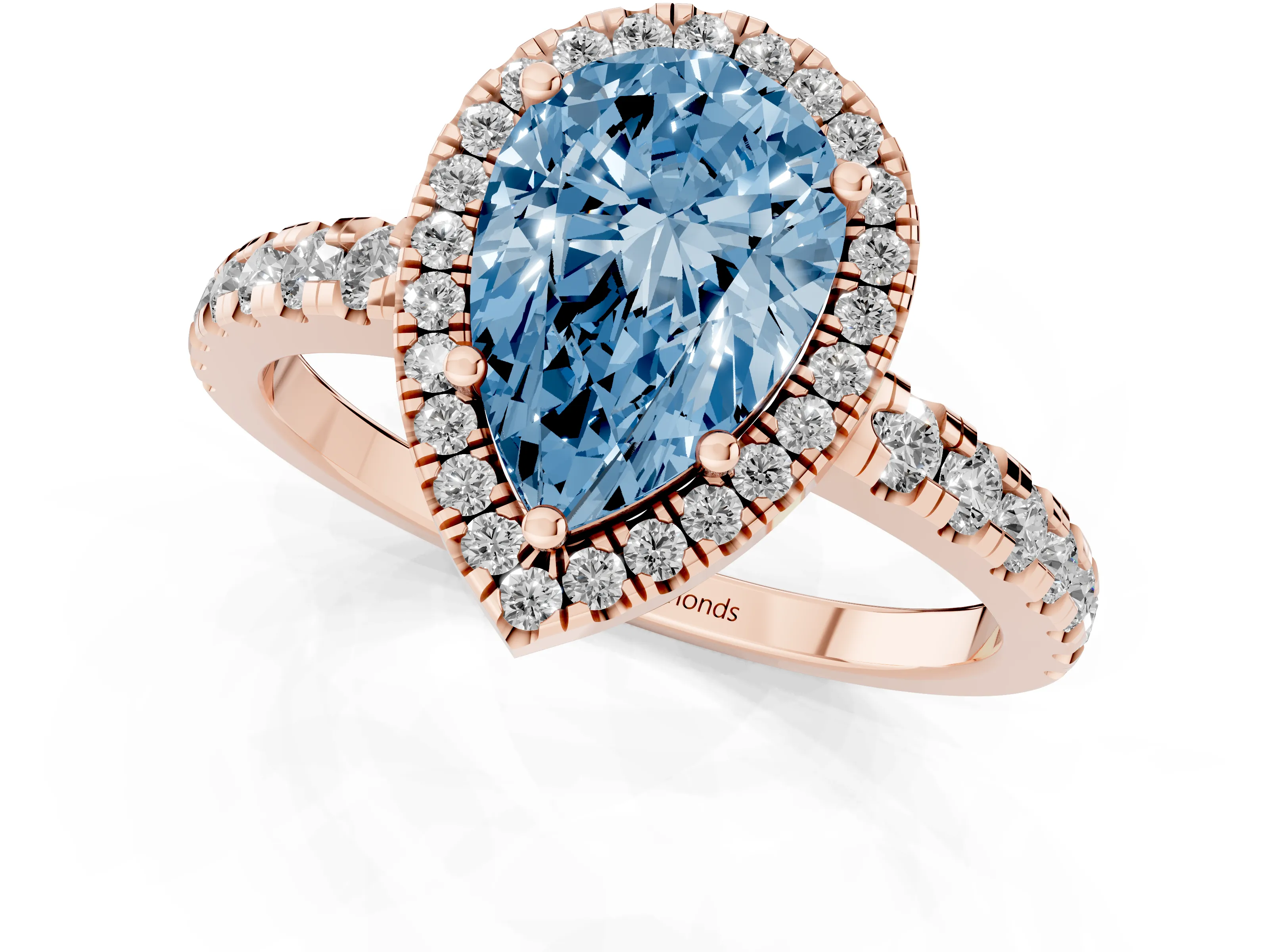 Fancy Blue Pear Cut Diamond Halo Ring Set in Rose gold with Delicate Pavé Band and Prong Setting
