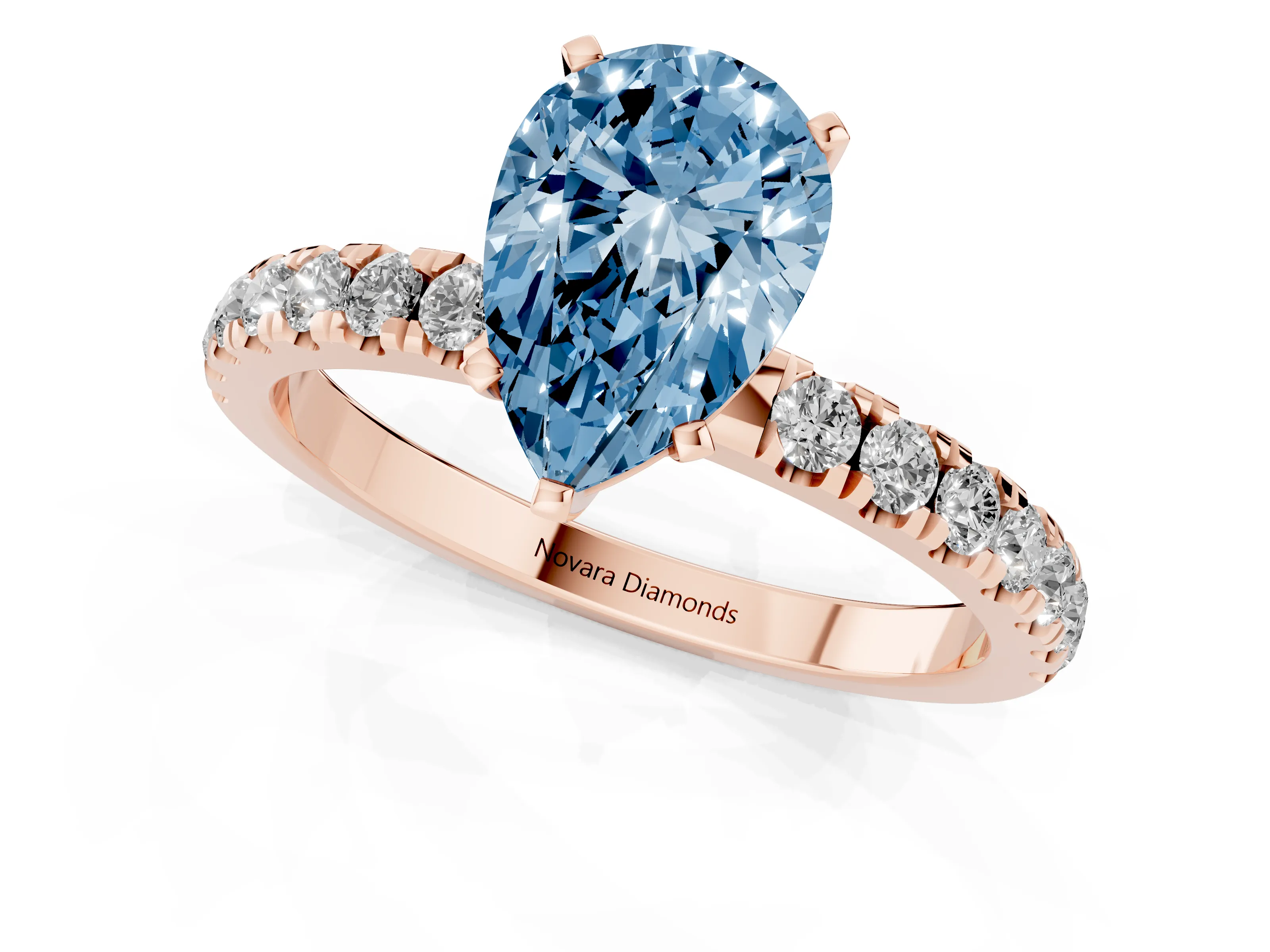 Fancy Blue Pear Cut Diamond Solitaire Ring Set in Rose gold with Pavé Accents and Prong Setting