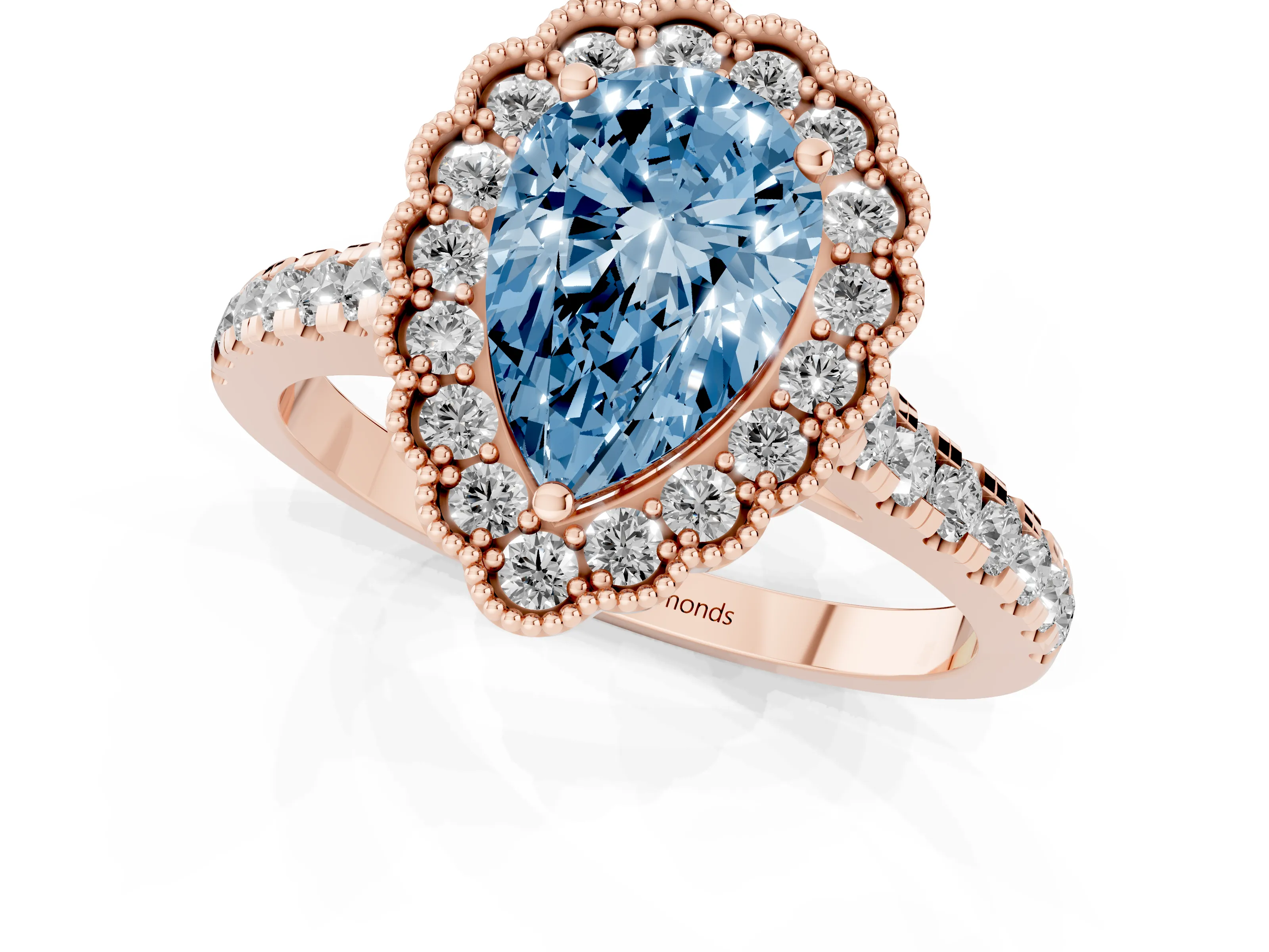 Fancy Blue Pear Cut Diamond Milgrain Floral Halo Engagement Ring Set in Rose gold with Pavé Band