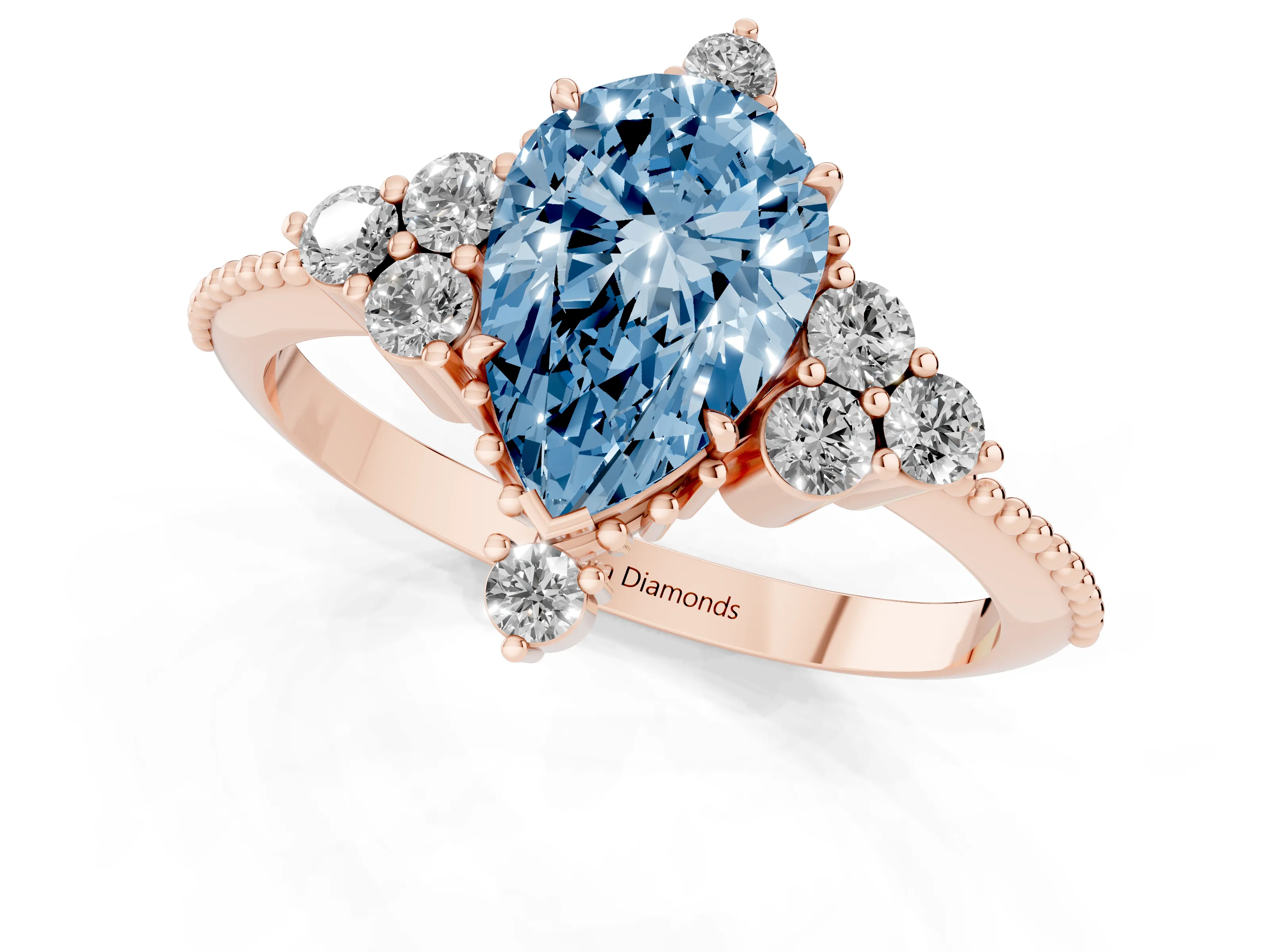 Fancy Blue Pear Cut Diamond Cluster Ring Set in Rose gold with Beaded Band