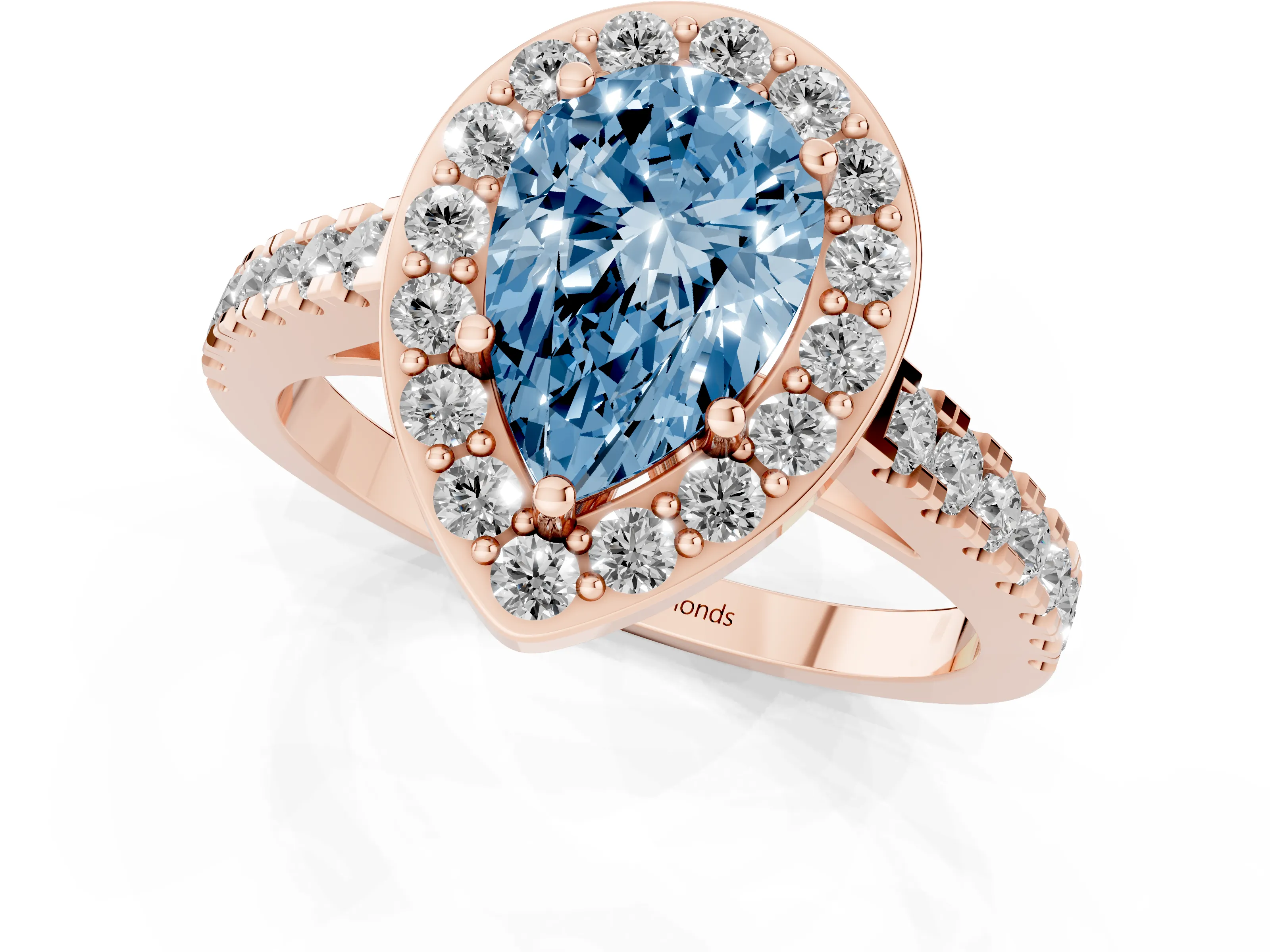 Fancy Blue Pear Cut Diamond Halo Ring Set in Rose gold with Round Pavé Split Shank and Prong Setting