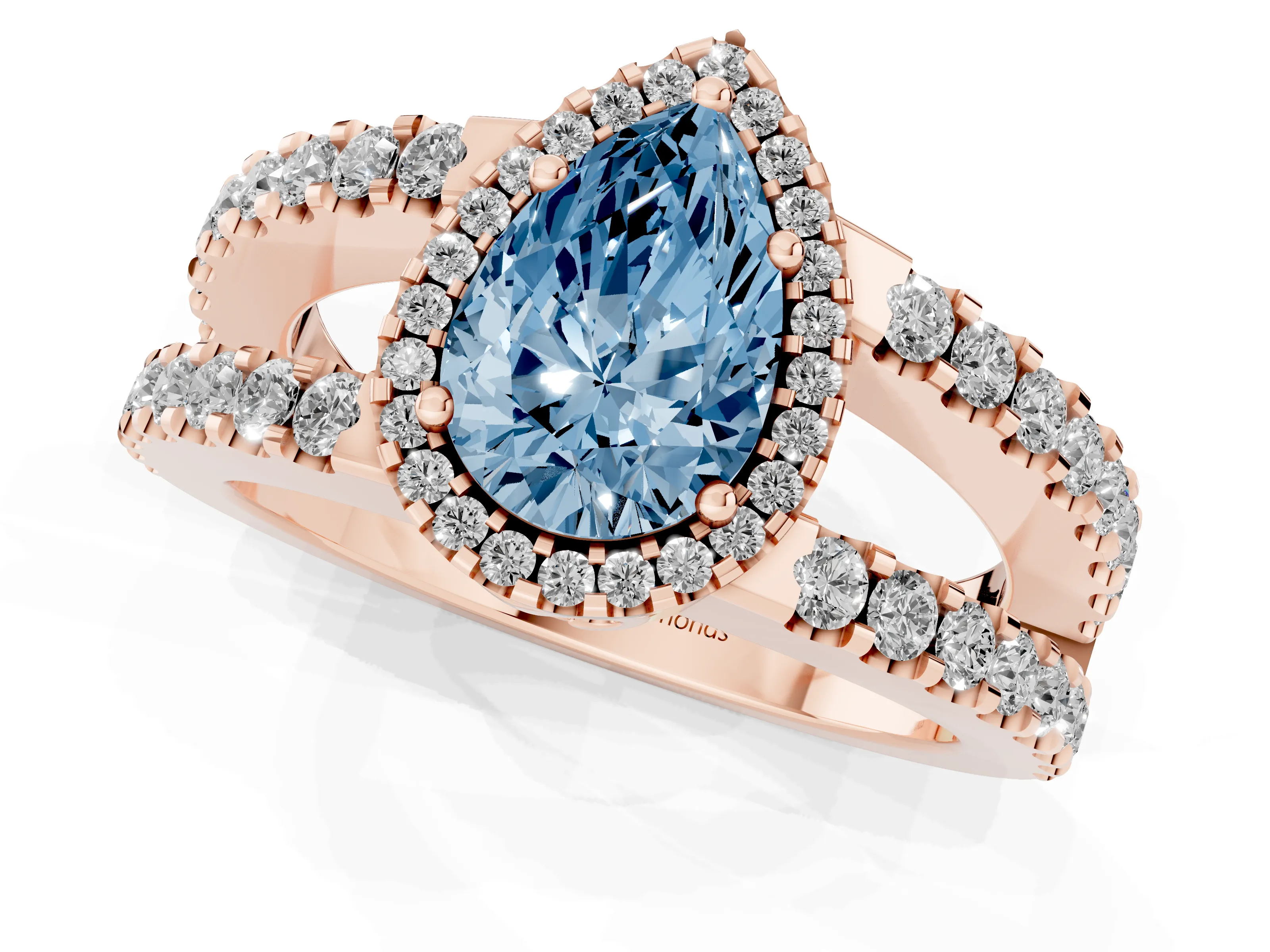 Fancy Blue Pear Cut Diamond Halo Ring Set in Rose gold with Pavé Split Shank and Prong Setting