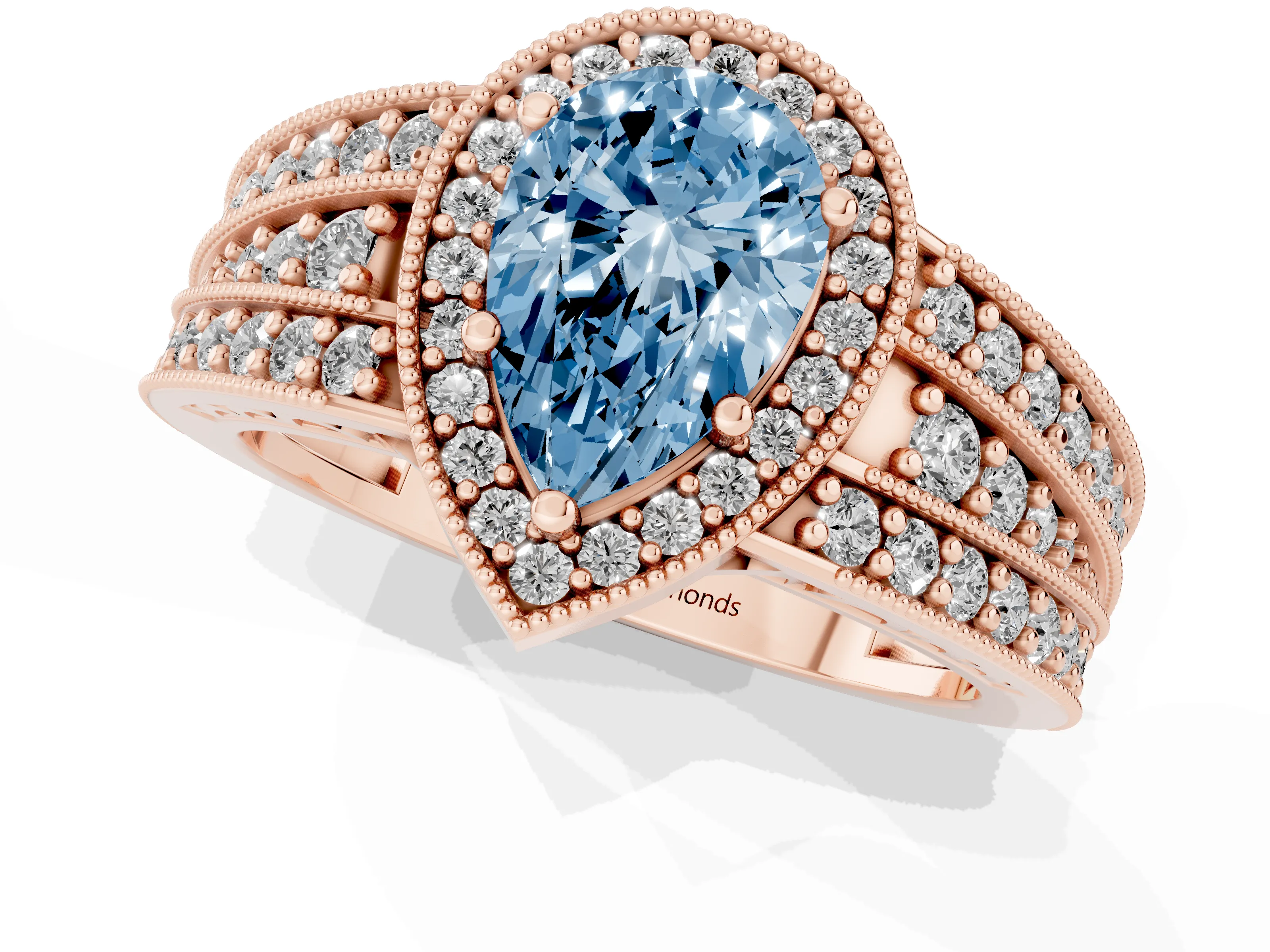 Fancy Blue Pear Cut Diamond Halo Ring Set in Rose gold with Accent Split Shank and Prong Setting