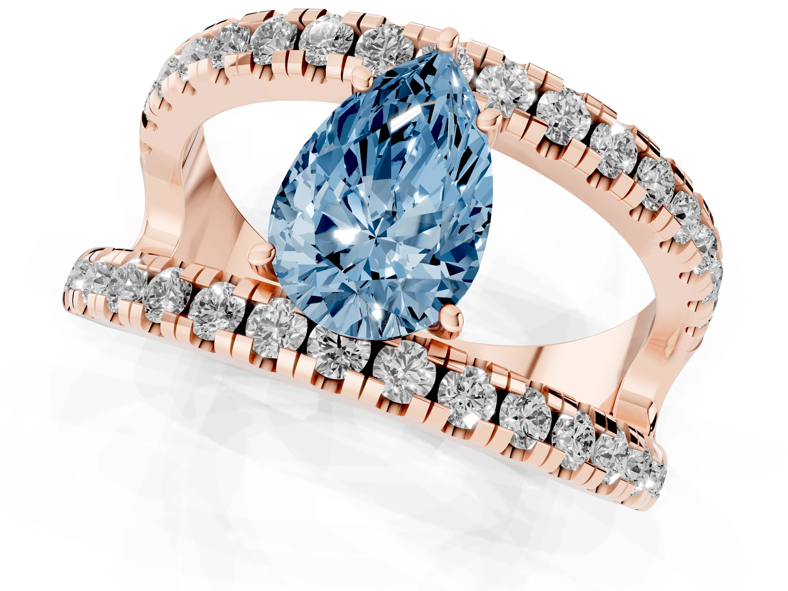 Fancy Blue Pear Cut Diamond Split Shank Pavé Solitaire Ring Set in Rose gold with Open Shank Design