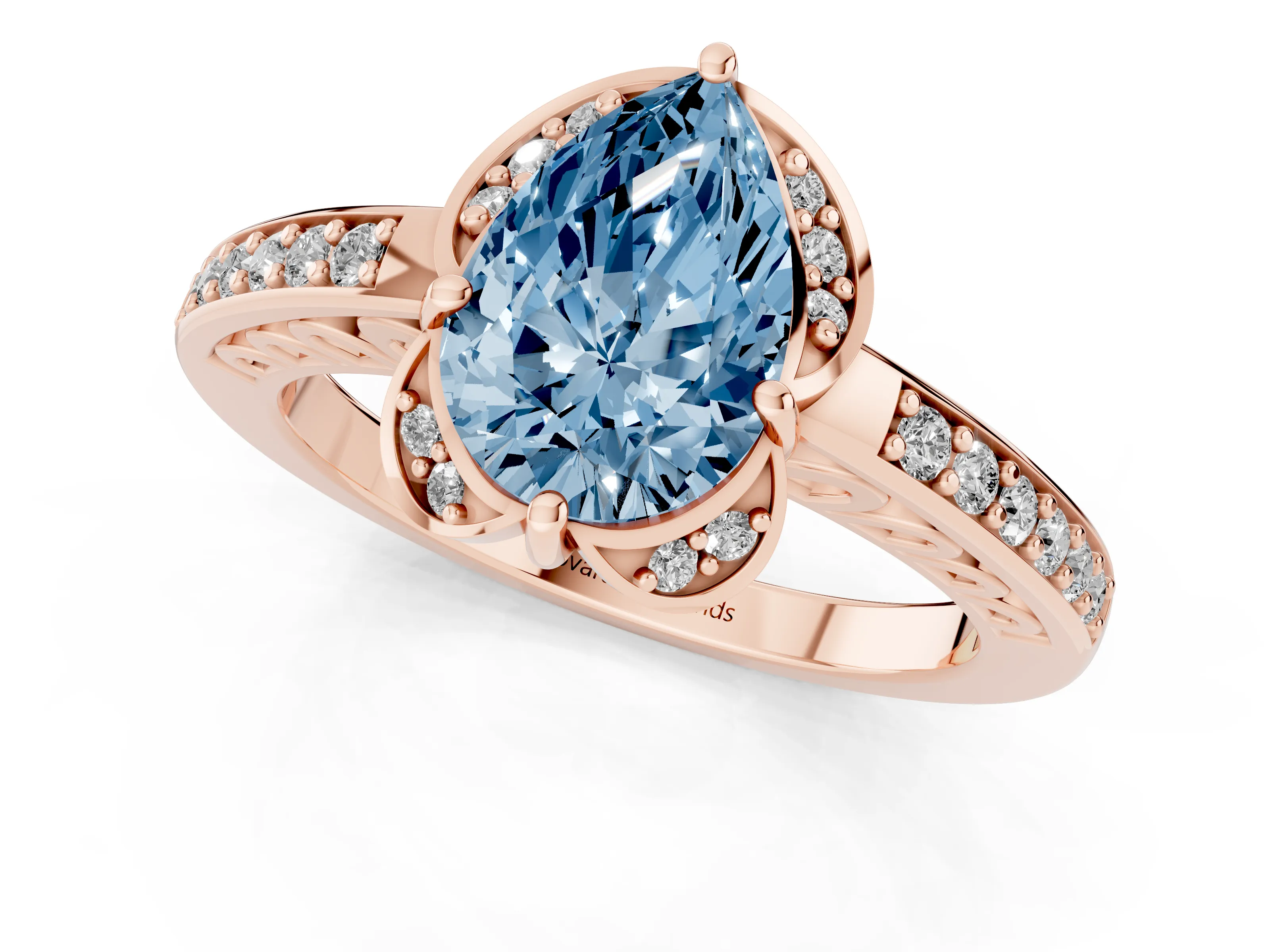 Fancy Blue Pear Cut Diamond Halo Ring Set in Rose gold with Channel Set Band and Prong Setting