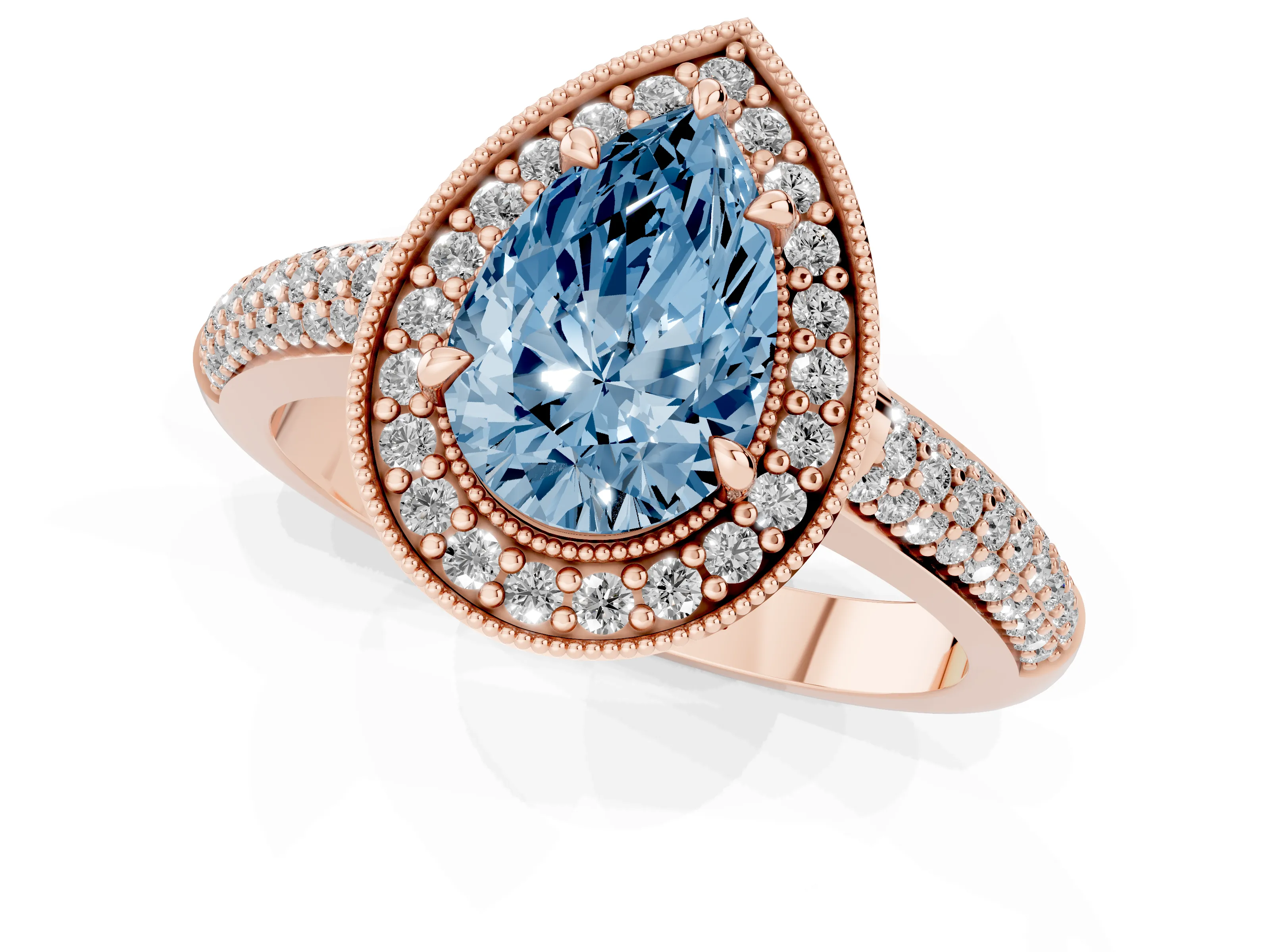 Fancy Blue Pear Cut Diamond Halo Pavé Band Set in Rose gold with Prong Setting