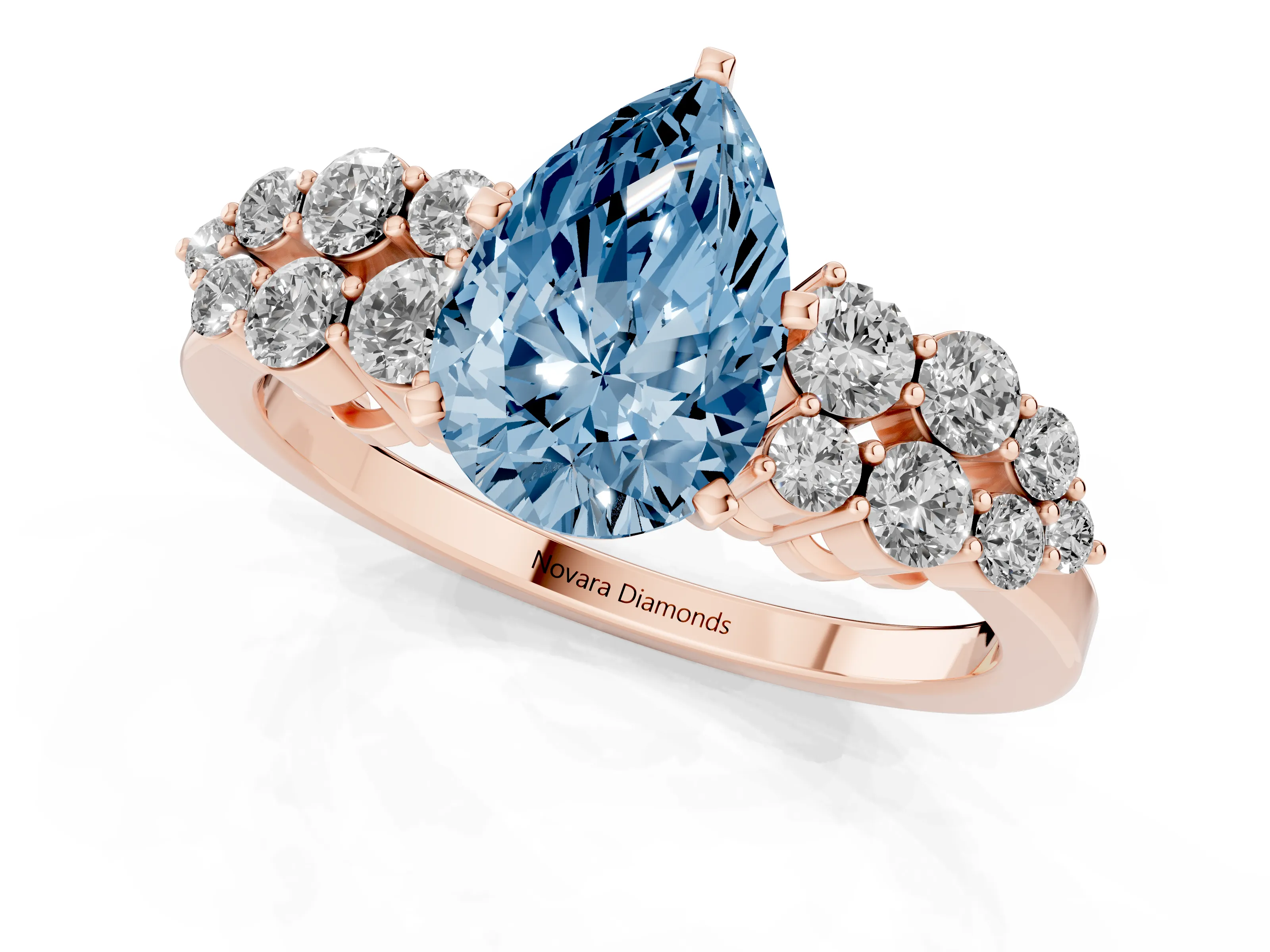 Fancy Blue Pear Cut Diamond Cluster Engagement Ring Set in Rose gold with Pavé Band and Prong Setting