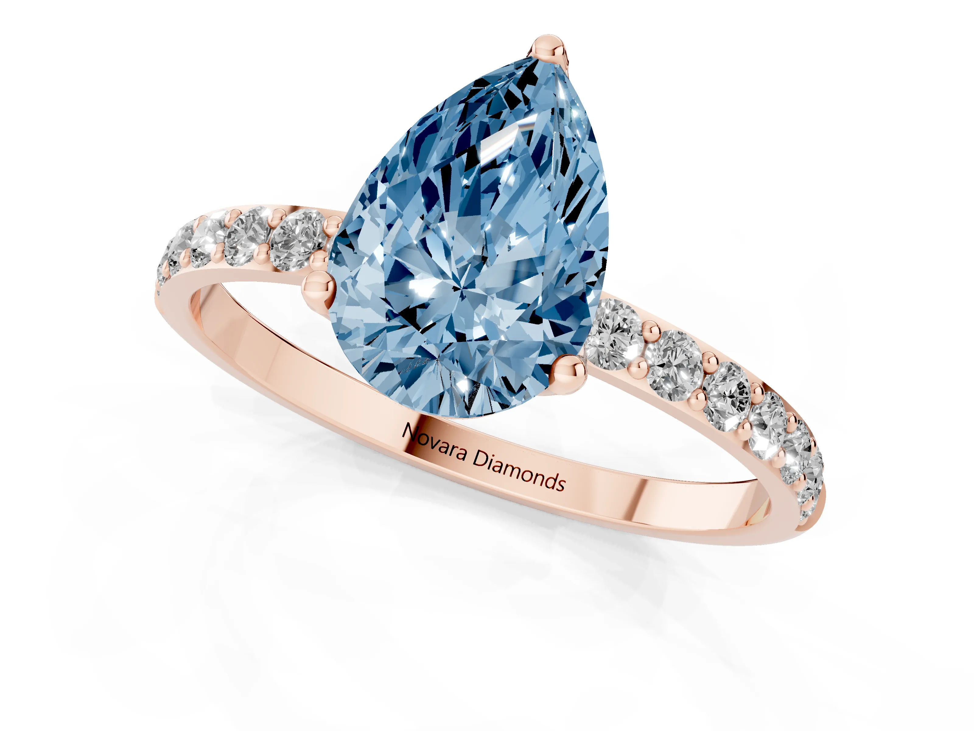 Fancy Blue Pear Cut Diamond Solitaire Engagement Ring Set in Rose gold with Round Pavé Band and Prong Setting