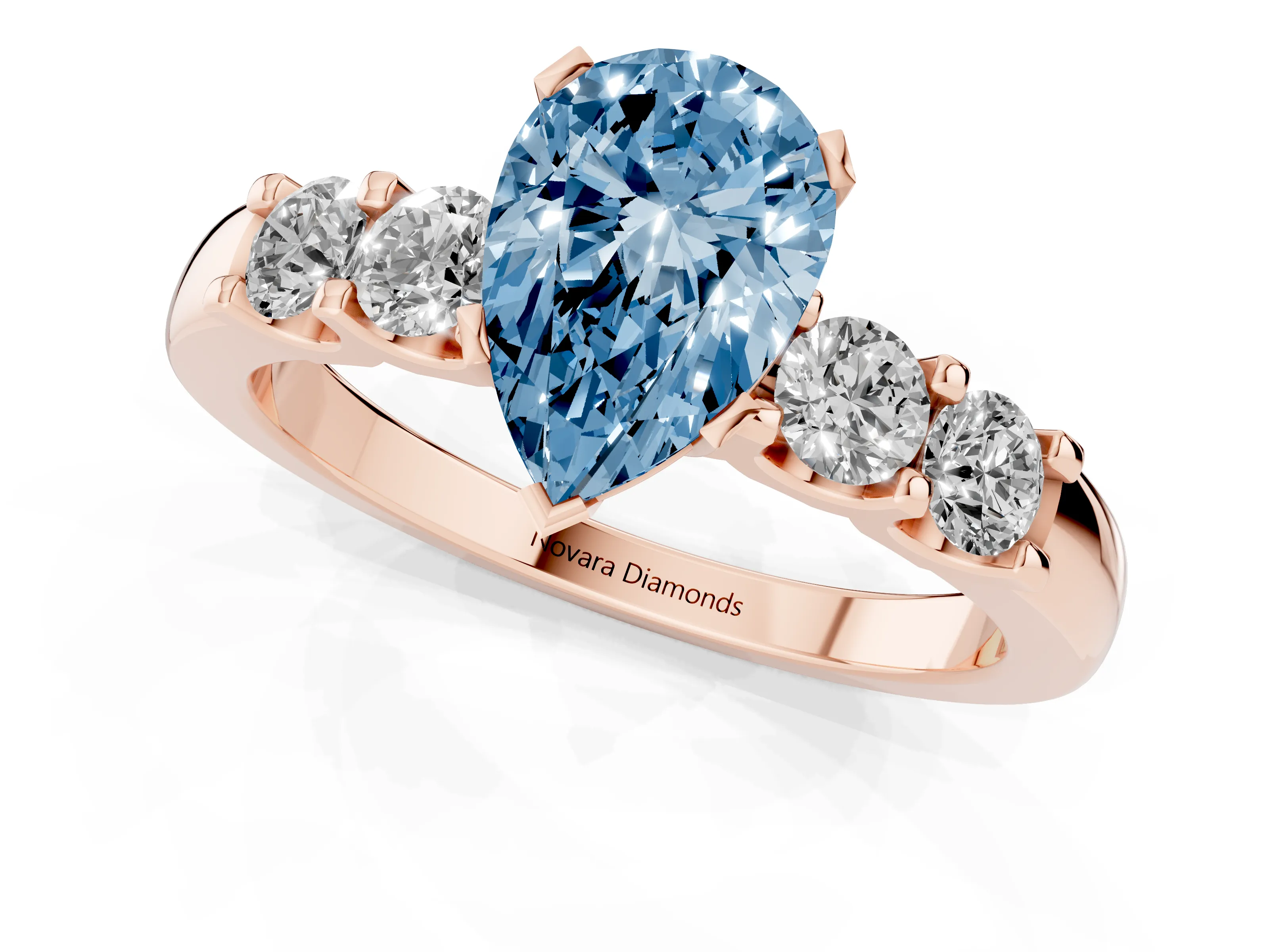 Fancy Blue Pear Cut Diamond Five-Stone Prong Set Engagement Ring Set in Rose gold with Channel Band