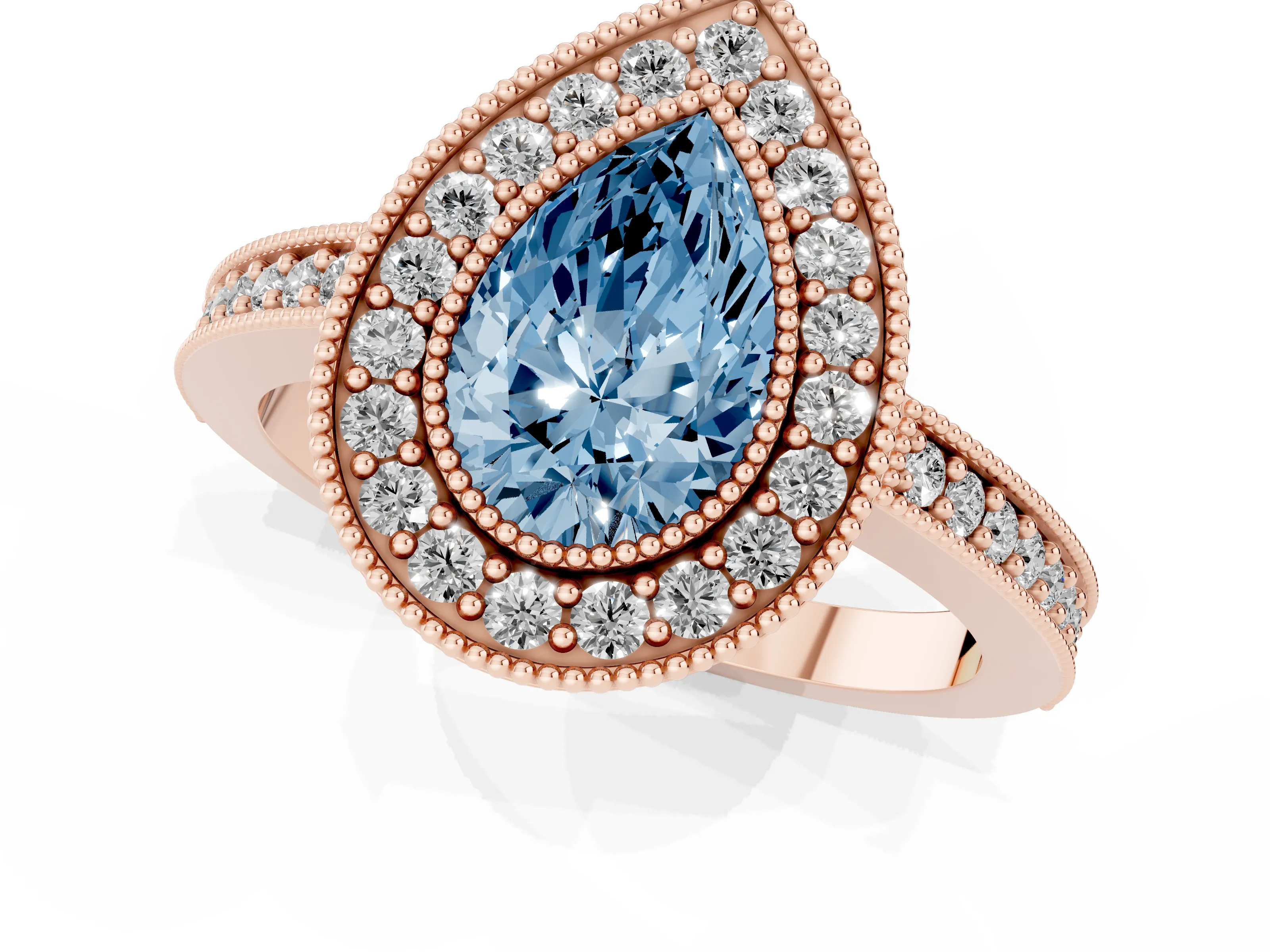 Fancy Blue Pear Cut Diamond Halo Engagement Ring Set in Rose gold with Pavé Band and Round Halo Stones