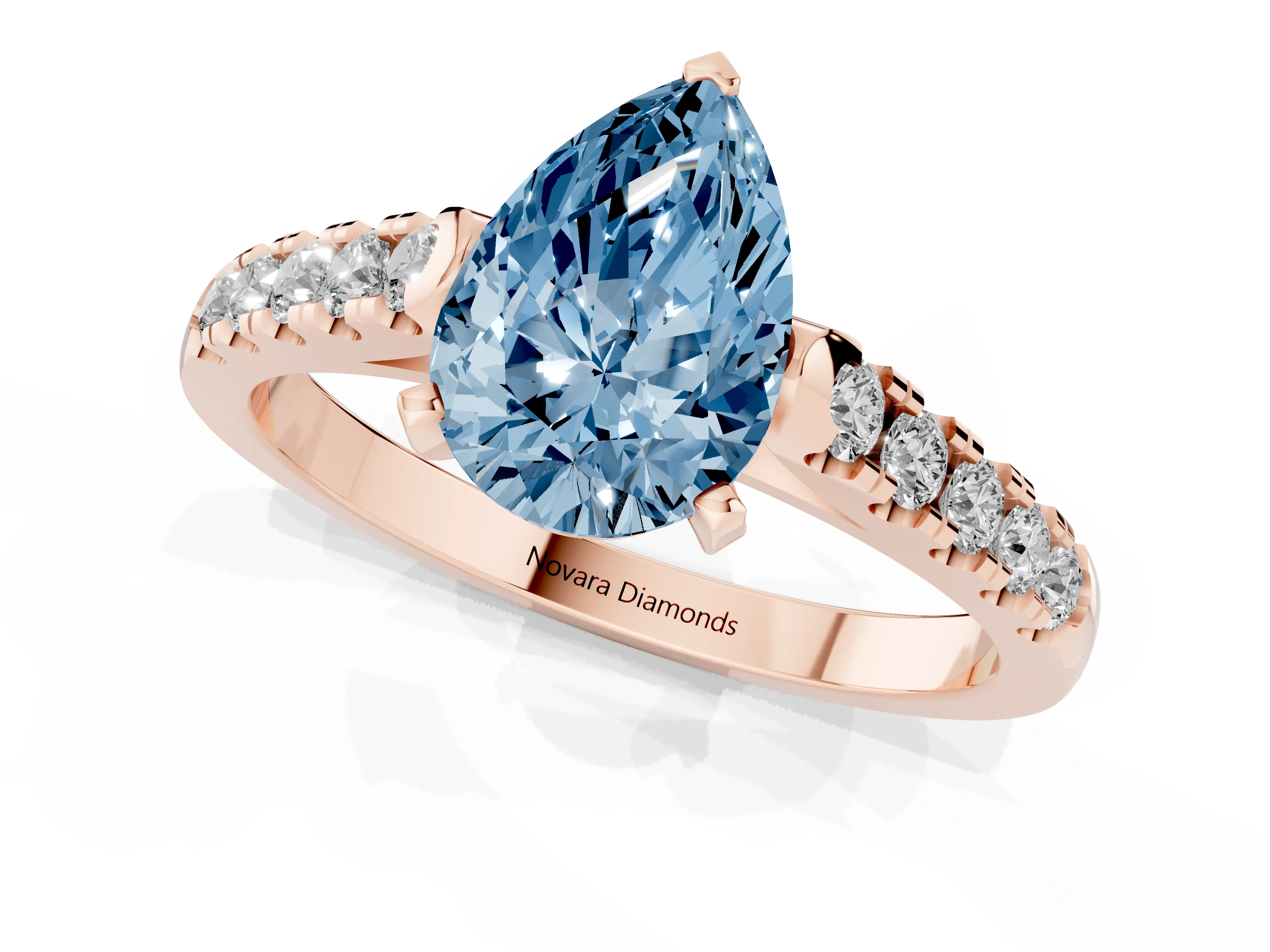 Fancy Blue Pear Cut Diamond Pavé Band Solitaire Ring Set in Rose gold with Partway Accent Stones and Prong Setting