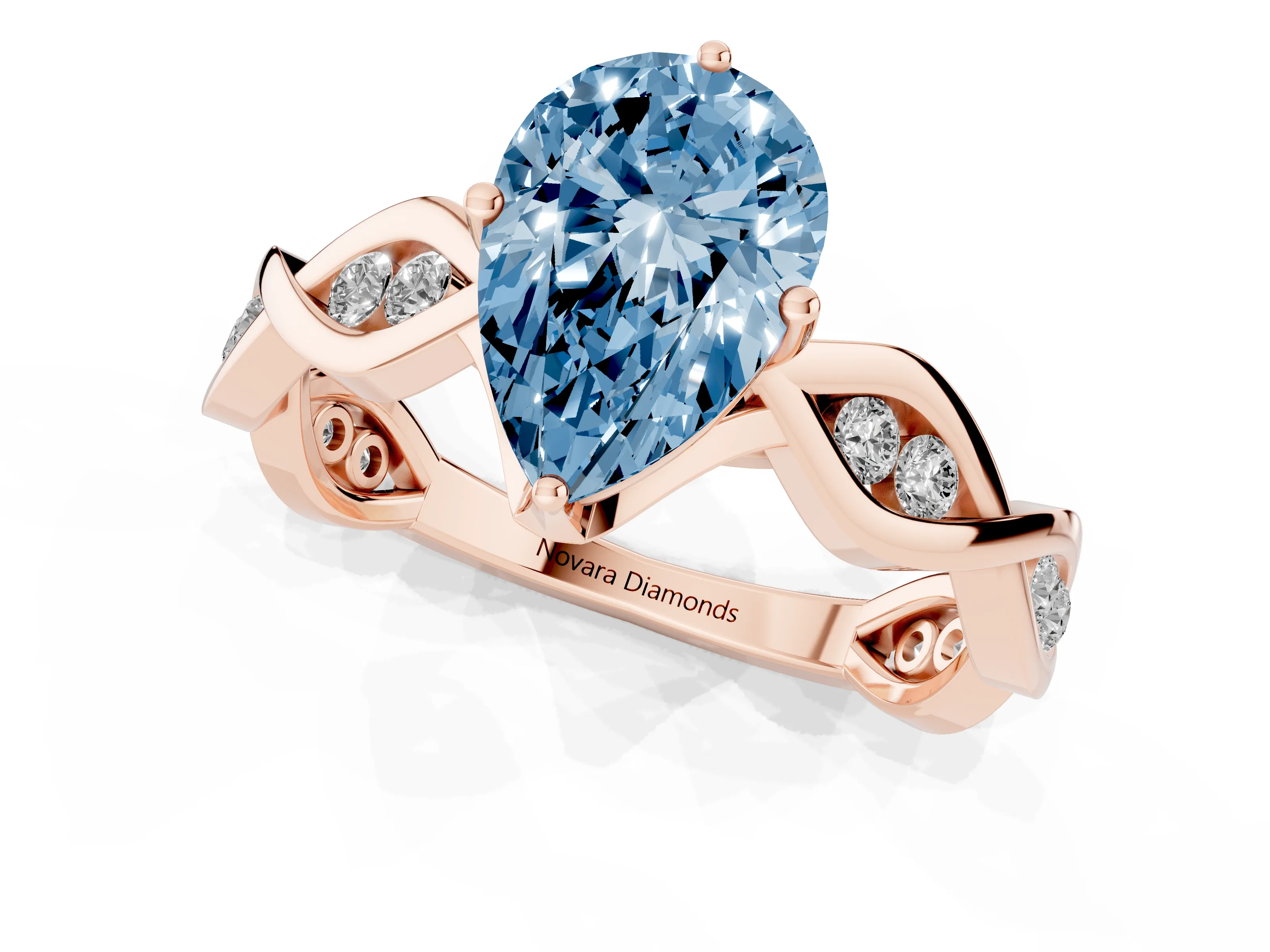 Fancy Blue Pear Cut Diamond Twist Band Solitaire Ring Set in Rose gold with Leaf Prong Setting and Accent Stones
