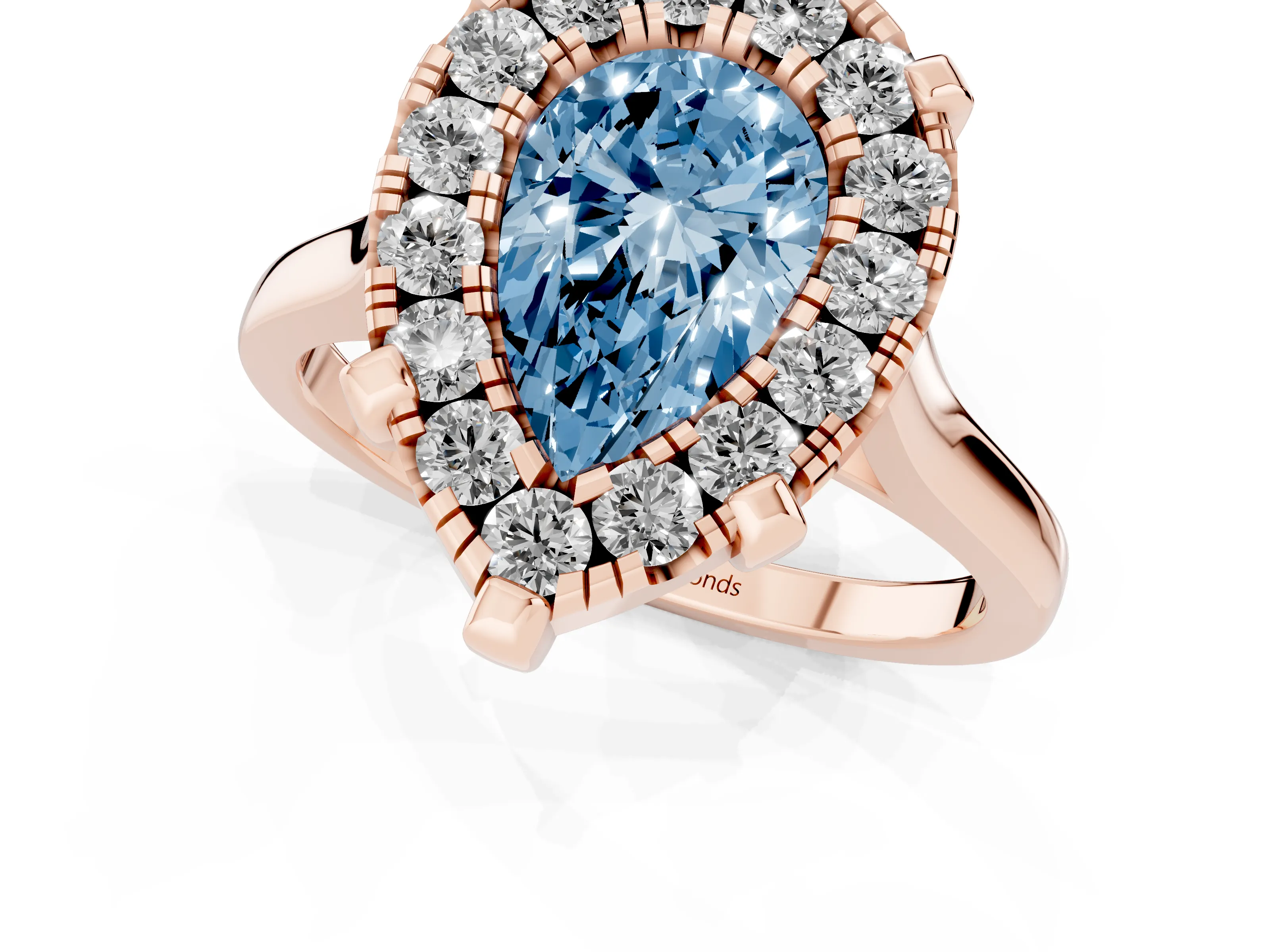 Fancy Blue Pear Cut Diamond Cluster Halo Solitaire Ring Set in Rose gold with Prong Setting