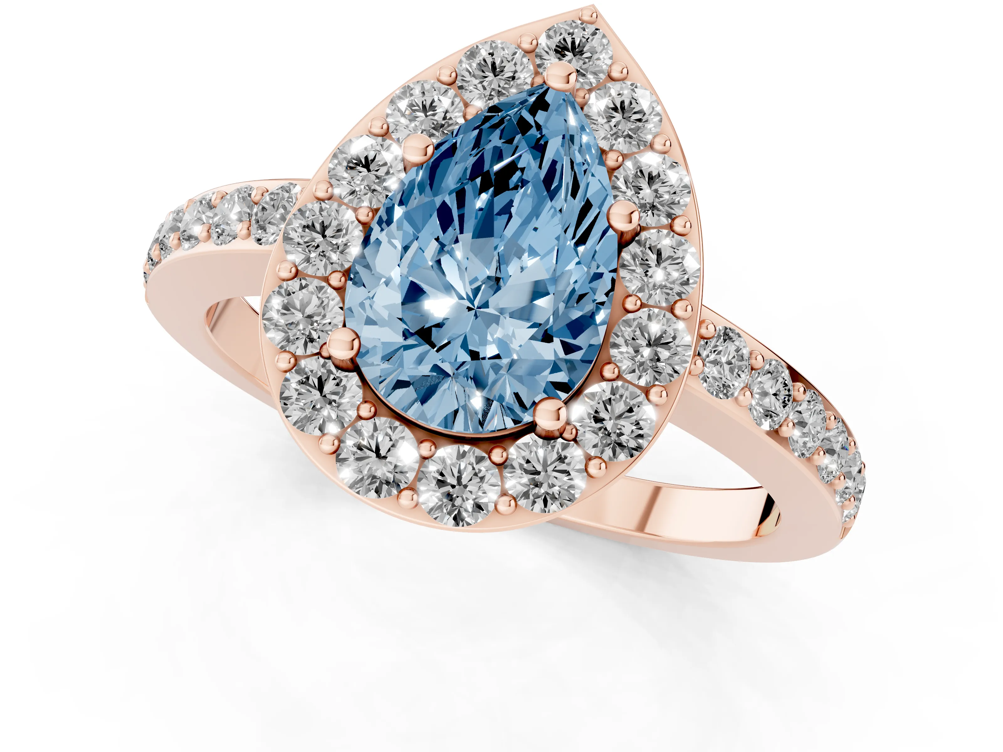 Fancy Blue Pear Cut Diamond Halo Ring Set in Rose gold with Pavé-Setting Band and Open Prong Center