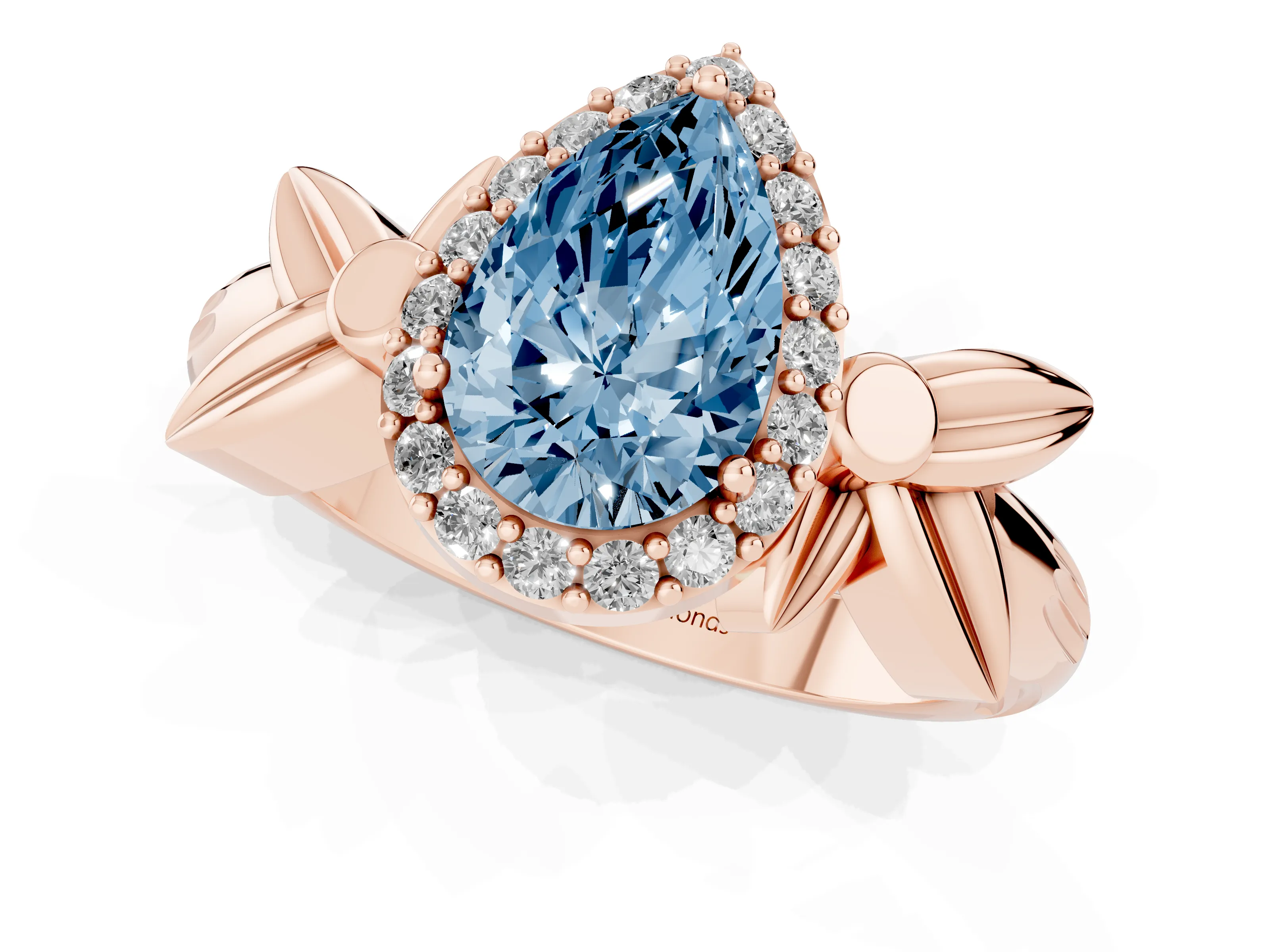 Fancy Blue Pear Cut Diamond Halo Floral Band Ring Set in Rose gold with Prong Setting