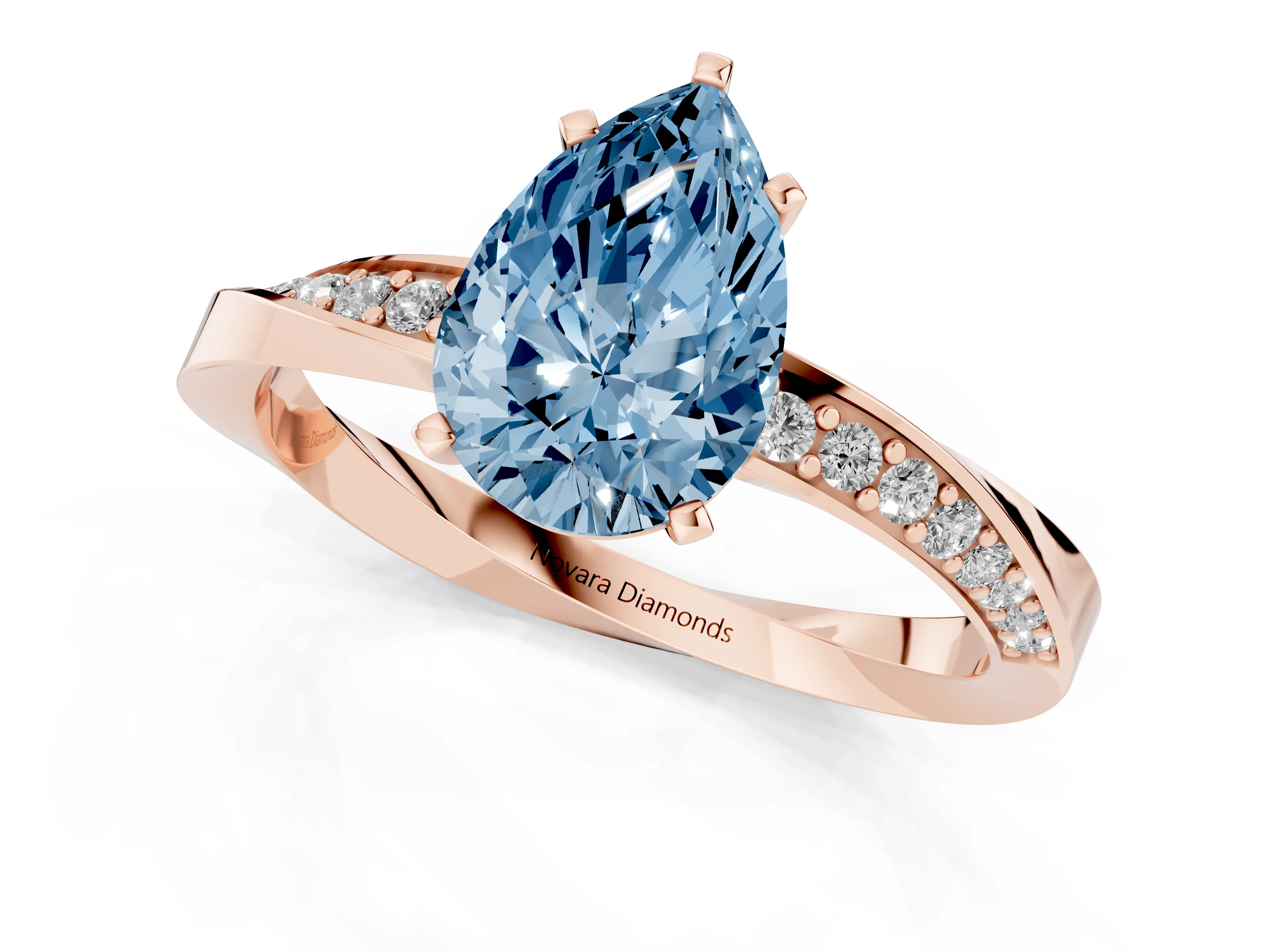 Fancy Blue Pear Cut Diamond Engagement Ring Set in Rose gold with Side Stone Accents and Prong Setting
