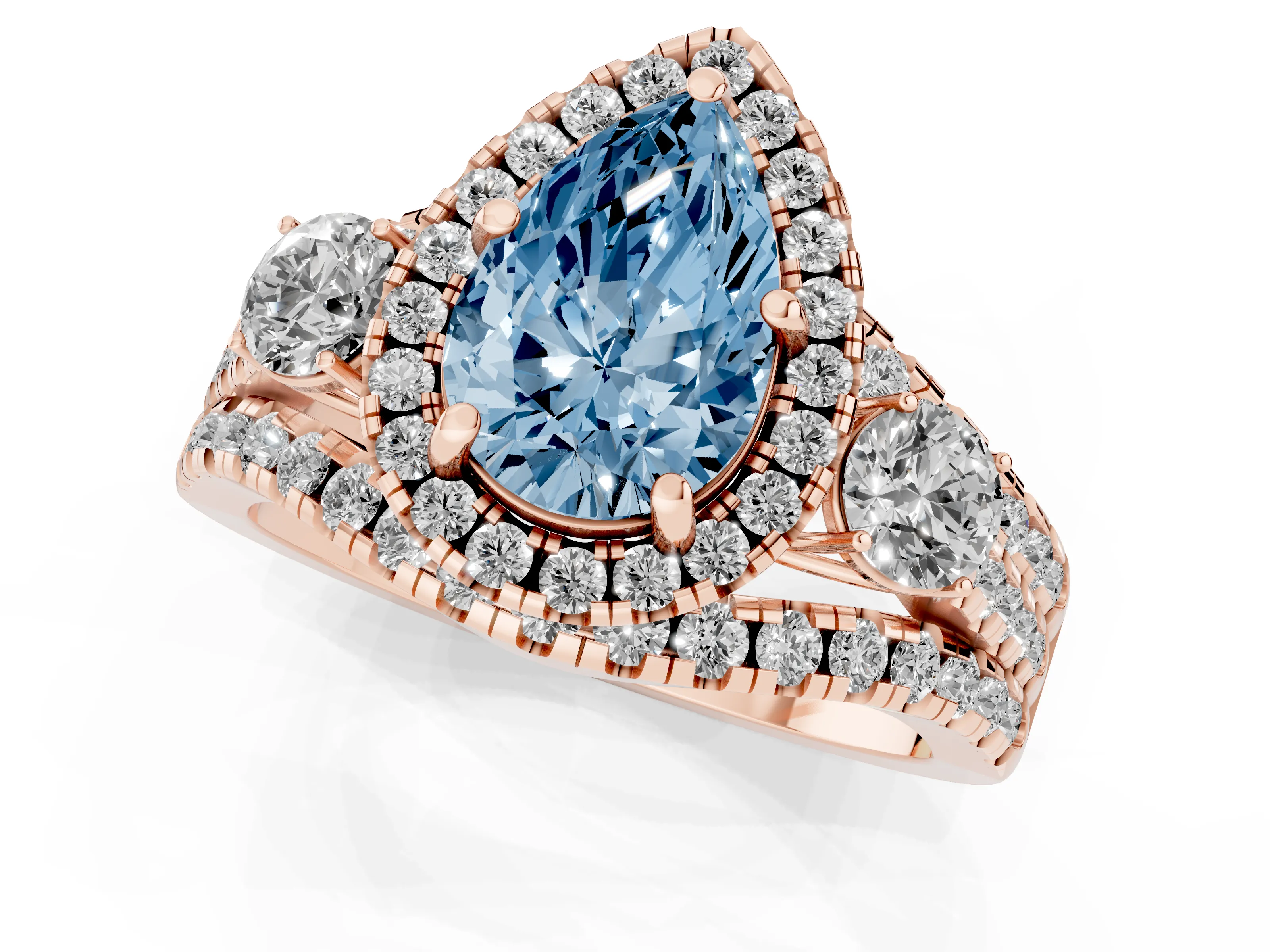 Fancy Blue Pear Cut Diamond Halo Split Shank Ring Set in Rose gold with Round Accent Stones and Prong Setting