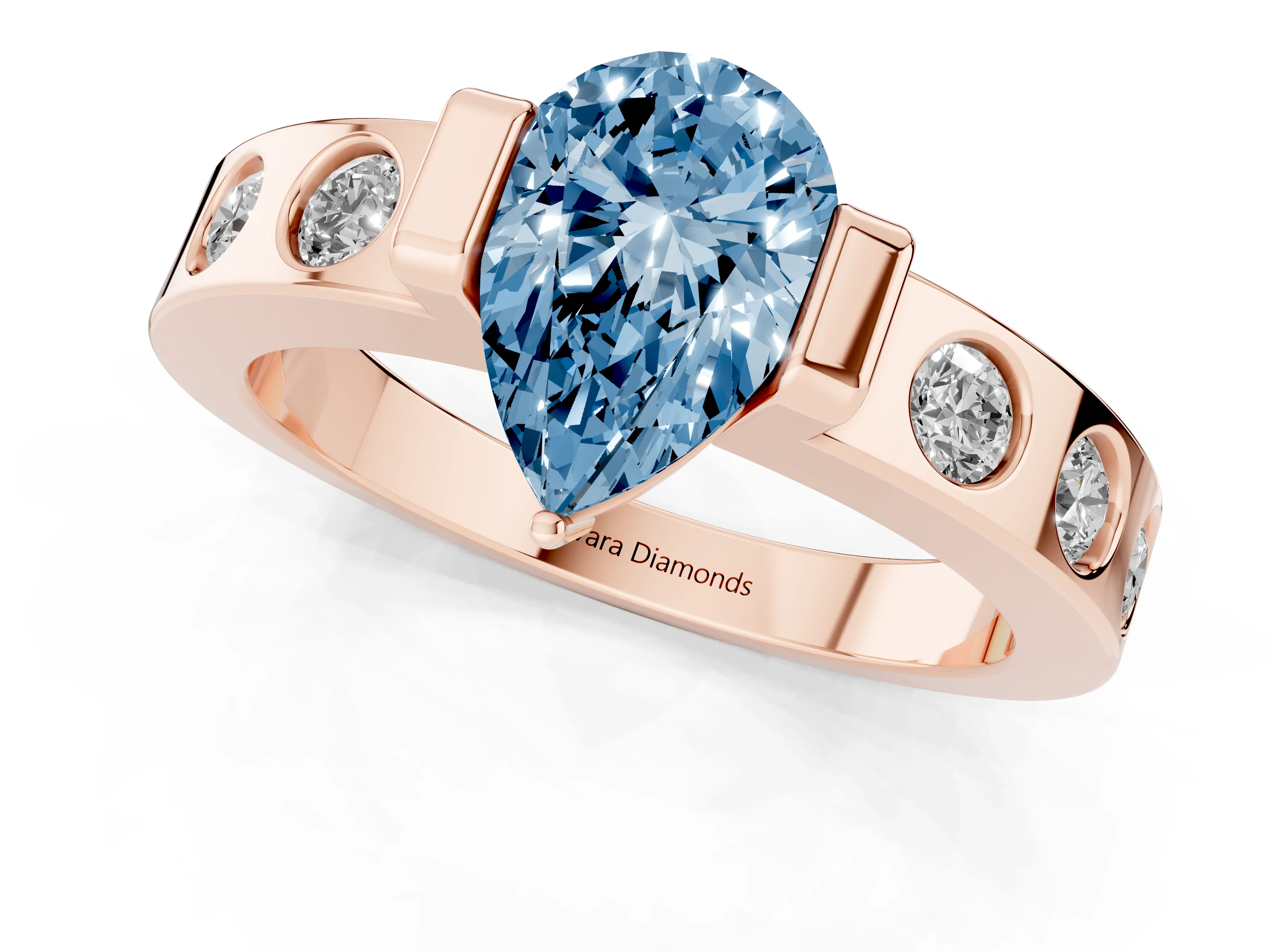Fancy Blue Pear Cut Diamond Channel-Set Band Ring Set in Rose gold with Bezel Prong Setting