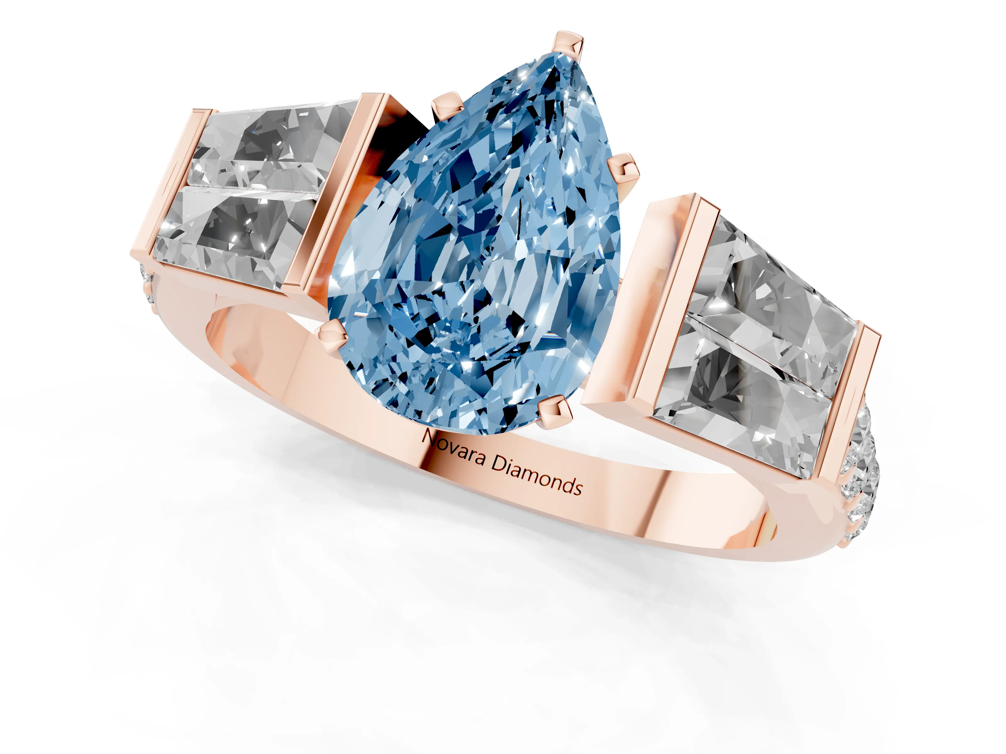 Fancy Blue Pear Cut Diamond Engagement Ring Set in Rose gold with Baguette Side Stones and Channel Set Band