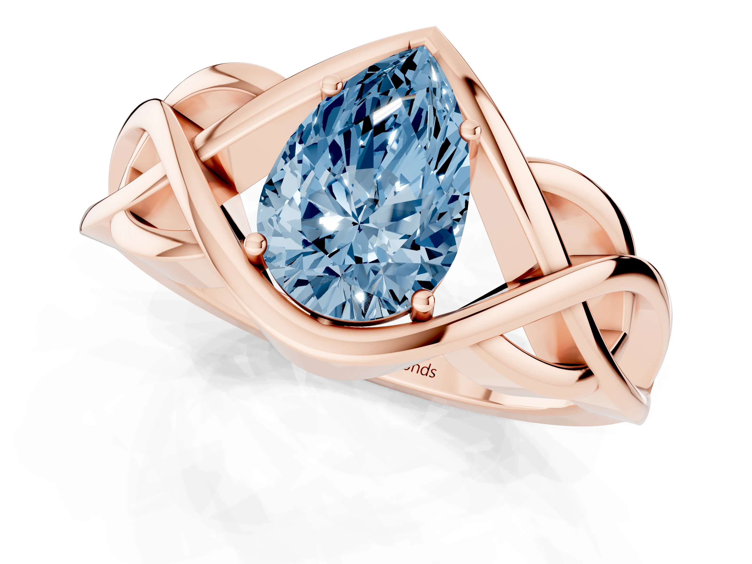 Fancy Blue Pear Cut Diamond Solitaire Ring Set in Rose gold with Intertwined Band