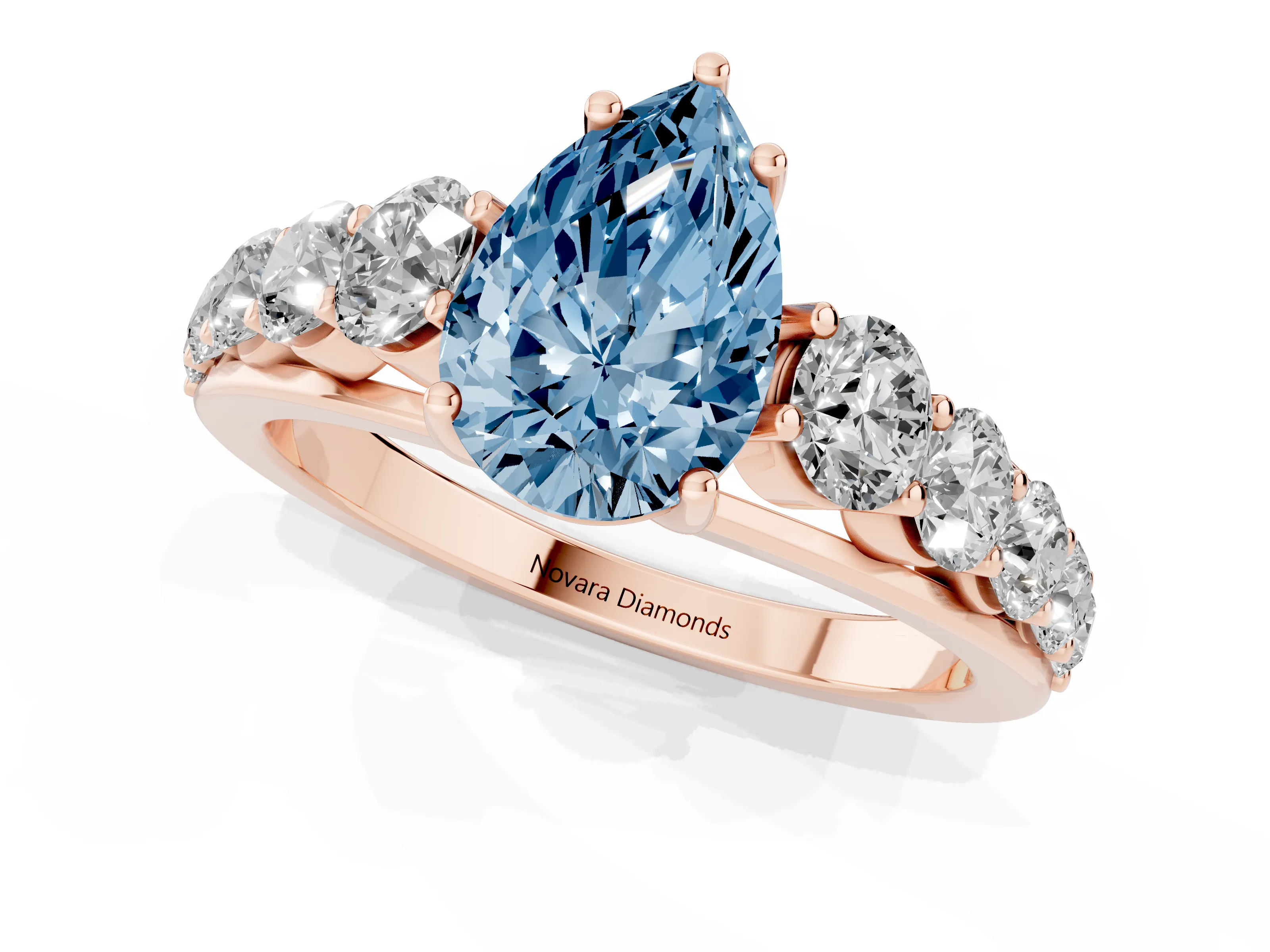 Fancy Blue Pear Cut Diamond Solitaire Ring Set in Rose gold with Pavé-Set Band and Prong Setting