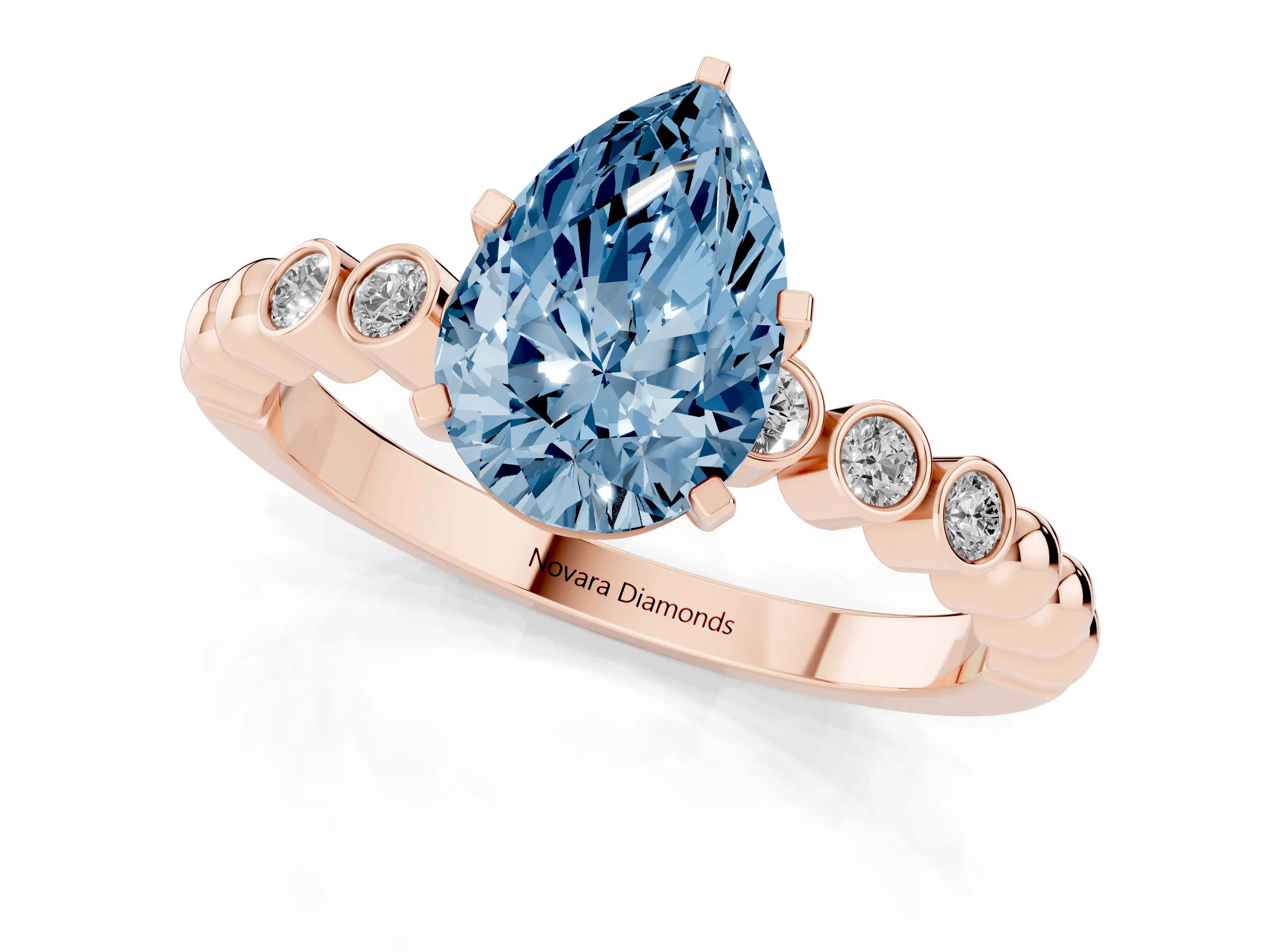 Fancy Blue Pear Cut Diamond Solitaire Engagement Ring Set in Rose gold with Bezel Accents on Beaded Band – second view