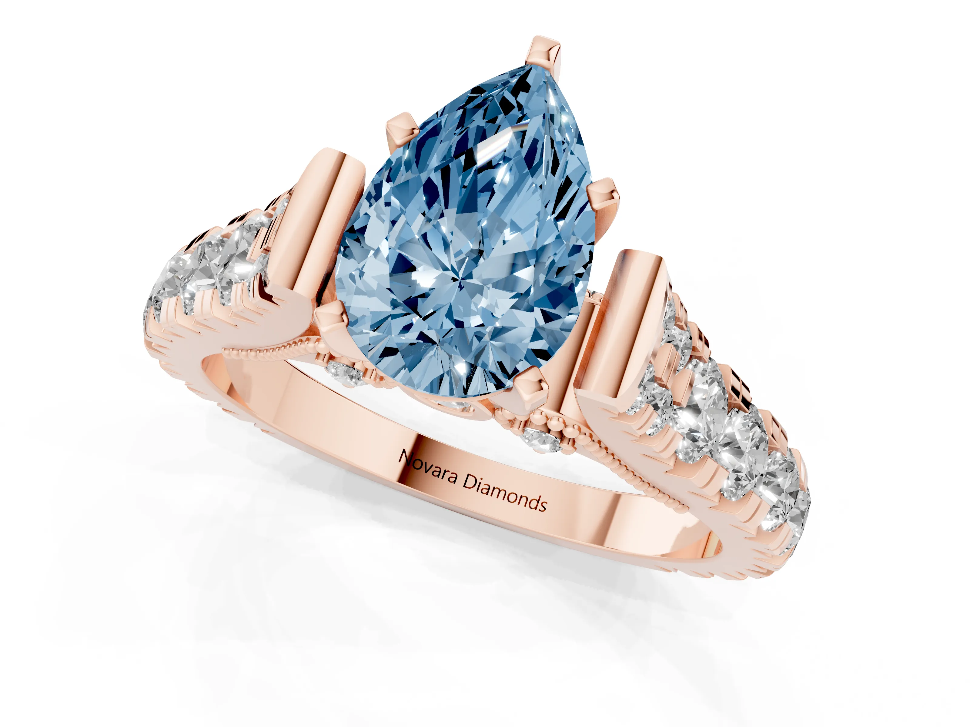 Fancy Blue Pear Cut Diamond Classic Solitaire Ring Set in Rose gold with Pavé Band and Prong Setting