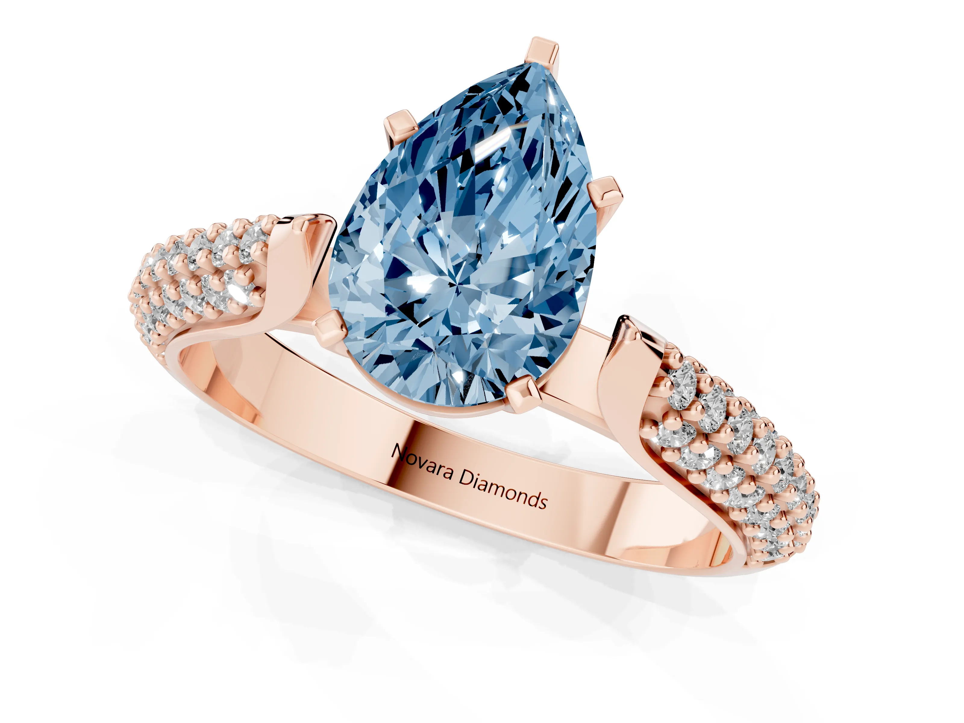 Fancy Blue Pear Cut Diamond Solitaire Engagement Ring Set in Rose gold with Multi-Row Round Pavé Band and Prong Setting