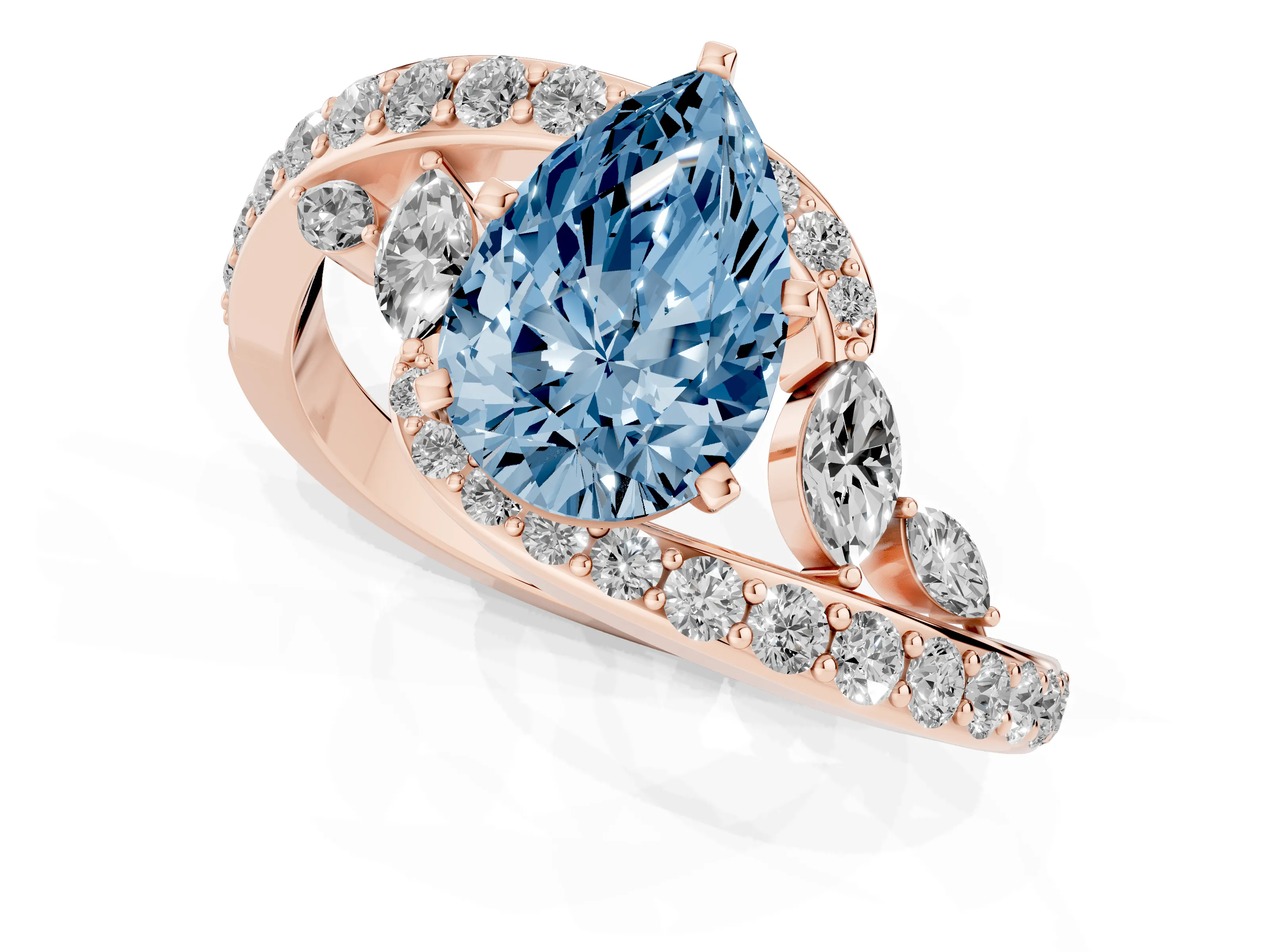 Fancy Blue Pear Cut Diamond Solitaire Ring Set in Rose gold with Pavé Twist Band and Secure Prong Setting