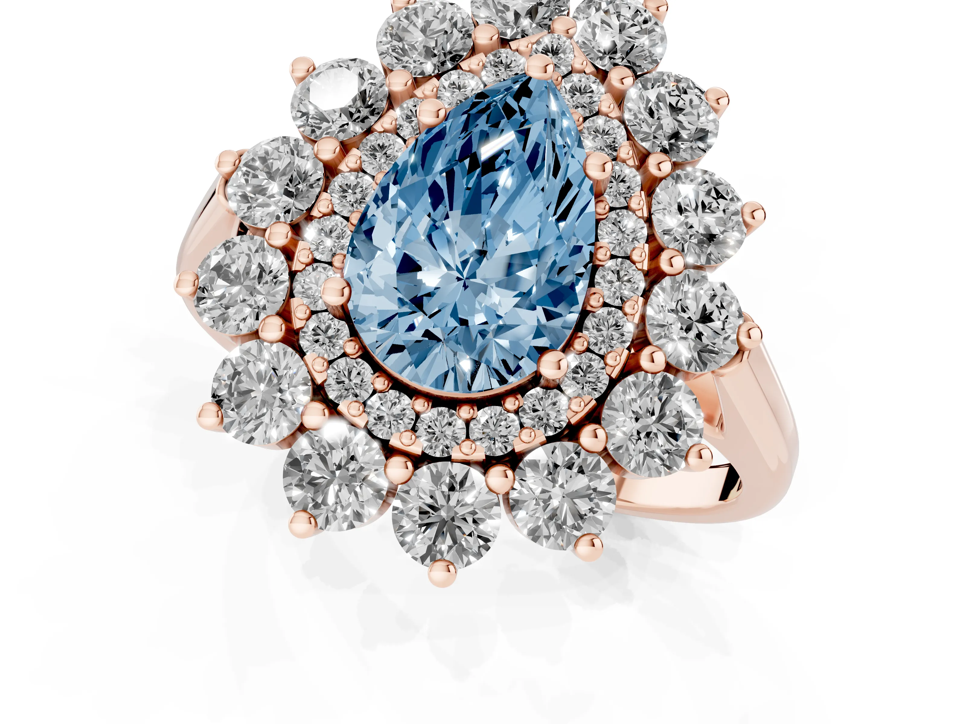 Fancy Blue Pear Cut Diamond Floral Double Halo Ring Set in Rose gold with Round Petals