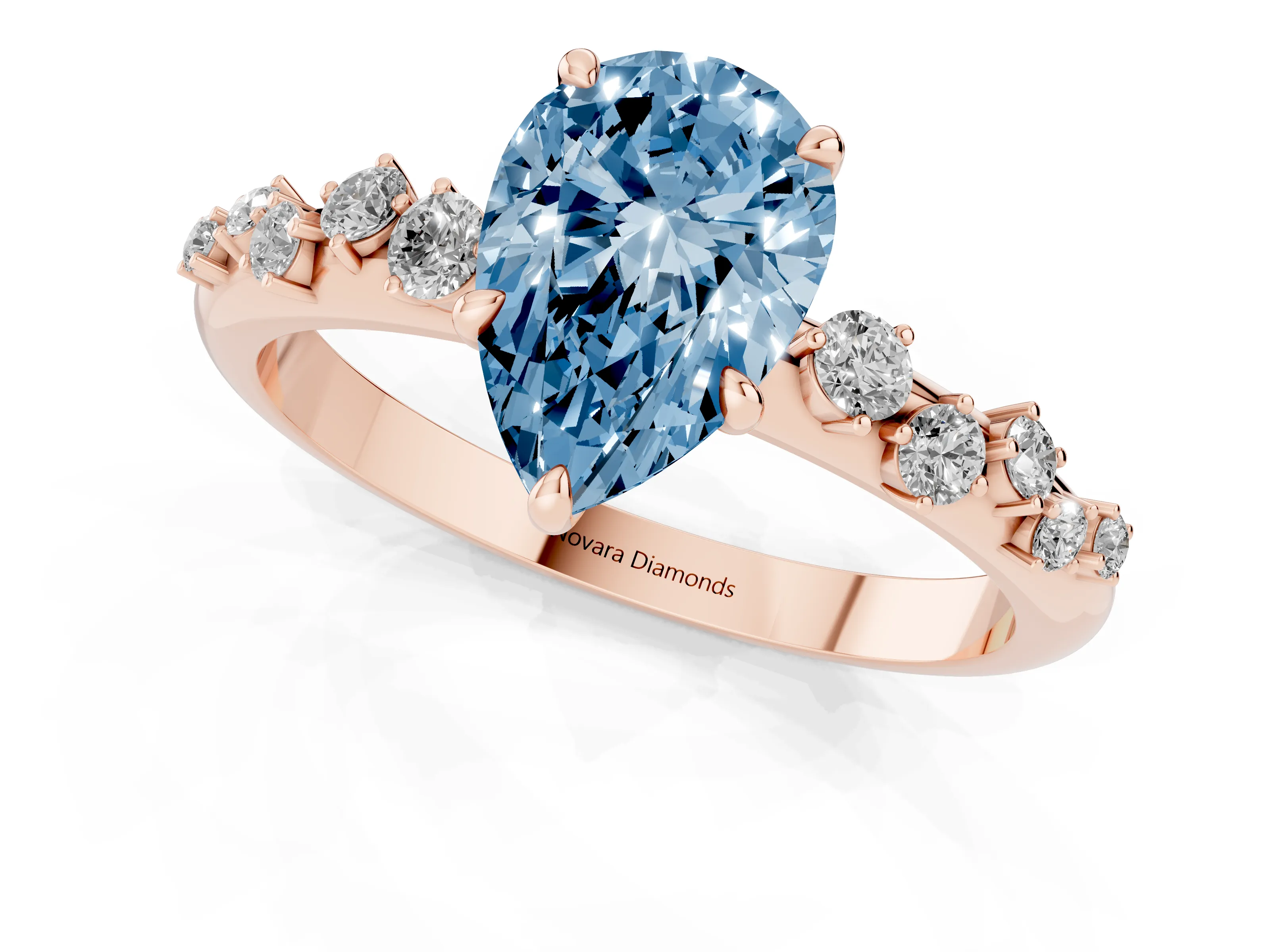 Fancy Blue Pear Cut Diamond Cluster Solitaire Ring Set in Rose gold with Prong Setting