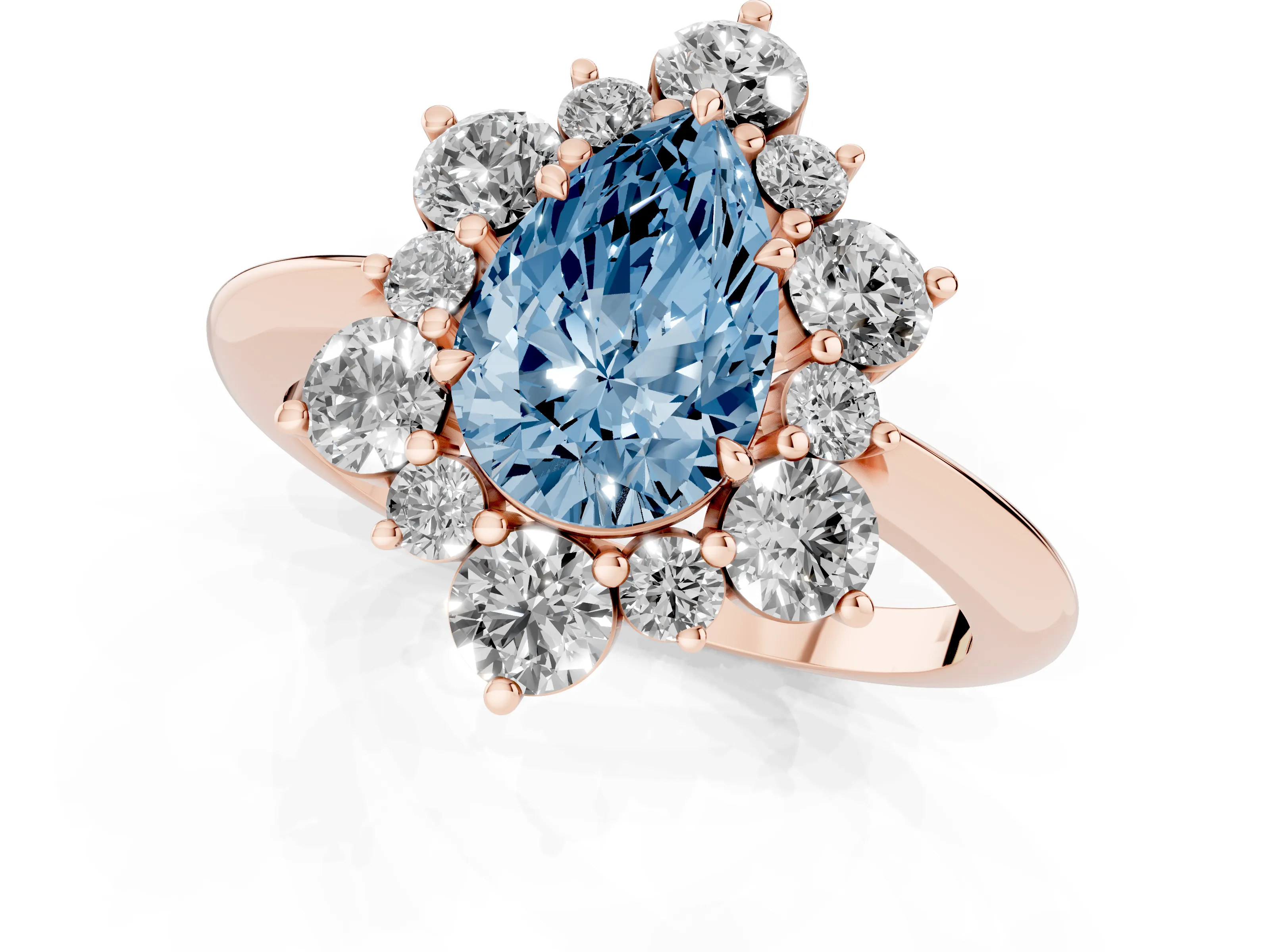 Fancy Blue Pear Cut Diamond Cluster Halo Ring Set in Rose gold with Solitaire Band and Prong Setting