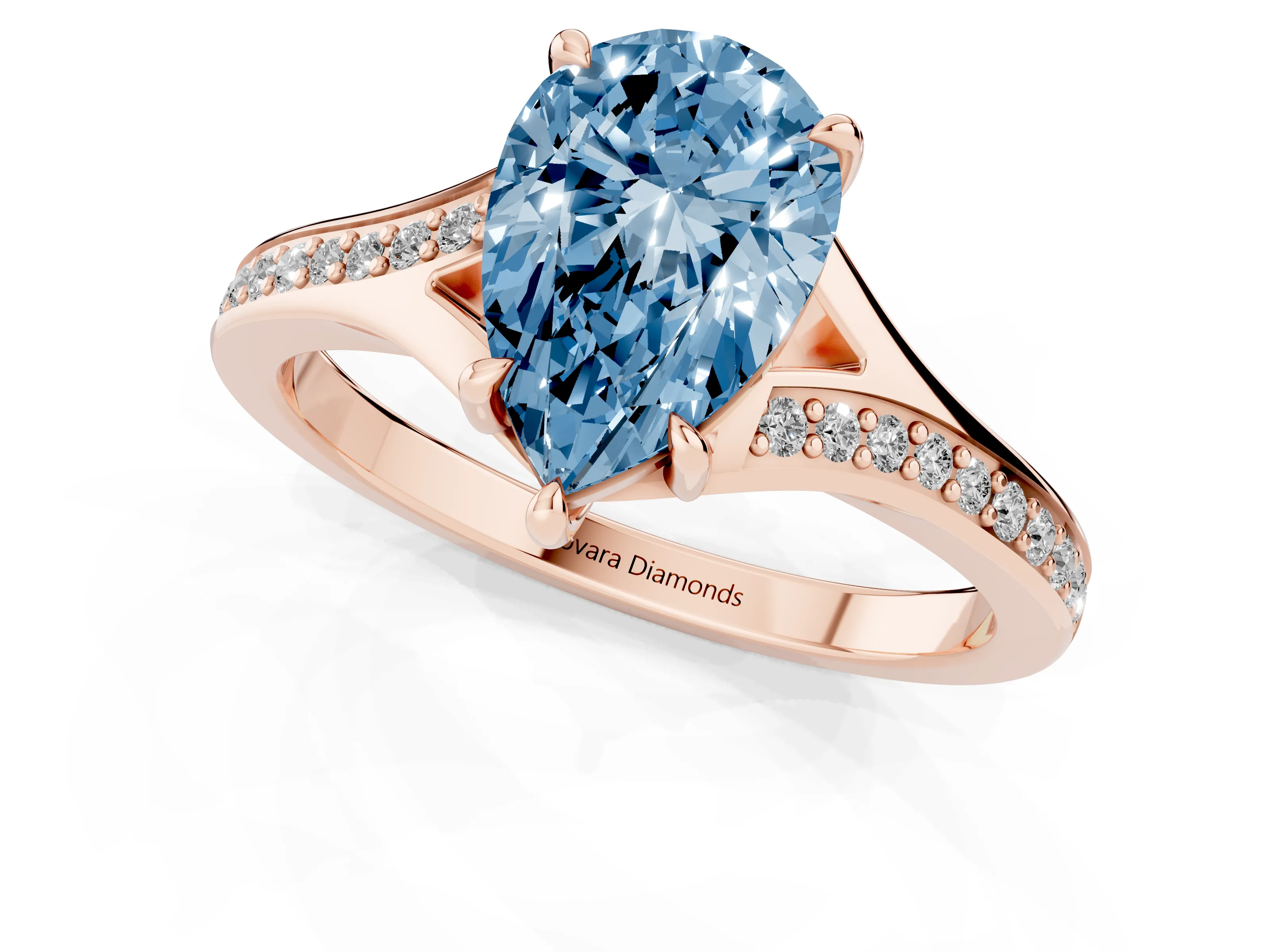 Fancy Blue Pear Cut Diamond Solitaire Ring Set in Rose gold with Pavé Accent Band and Classic Prong Setting