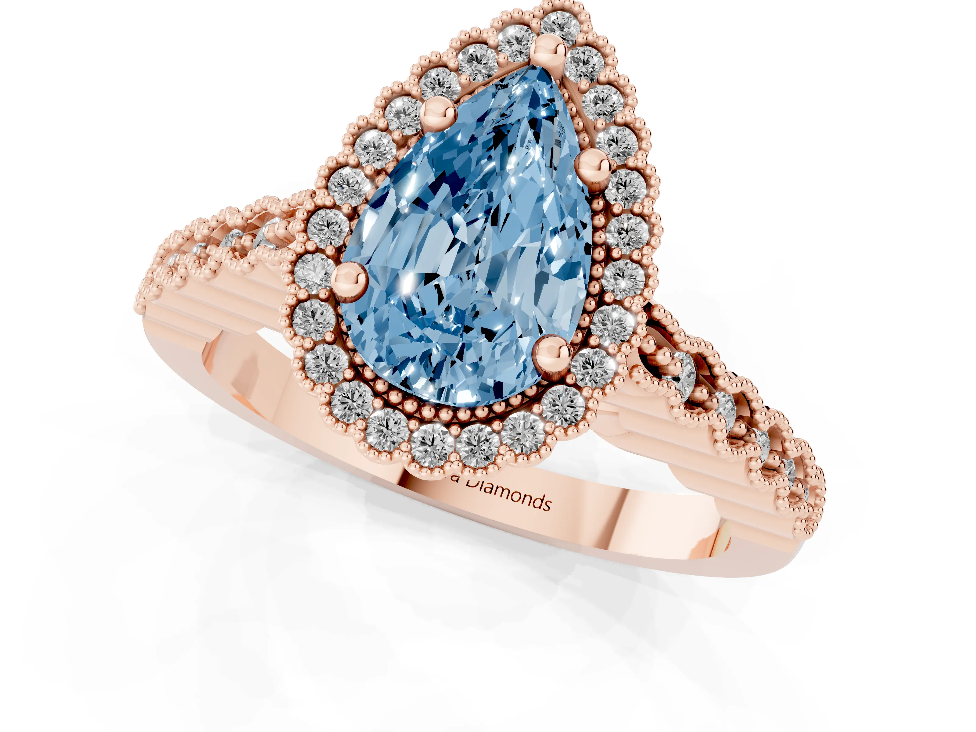 Fancy Blue Pear Cut Diamond Halo Ring Set in Rose gold with Pavé Milgrain Band