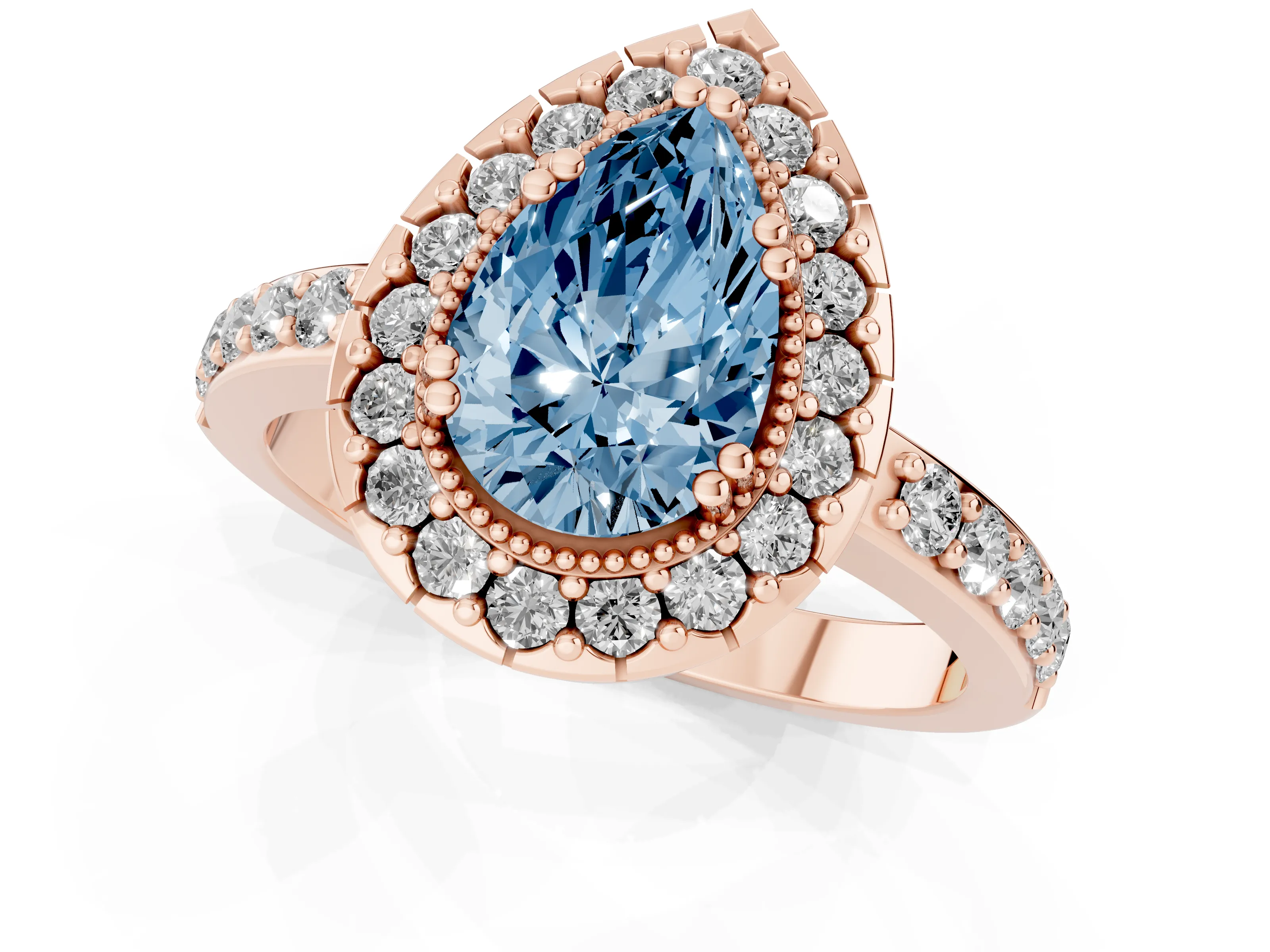 Fancy Blue Pear Cut Diamond Halo Ring Set in Rose gold with Pavé Shank and Prong Setting